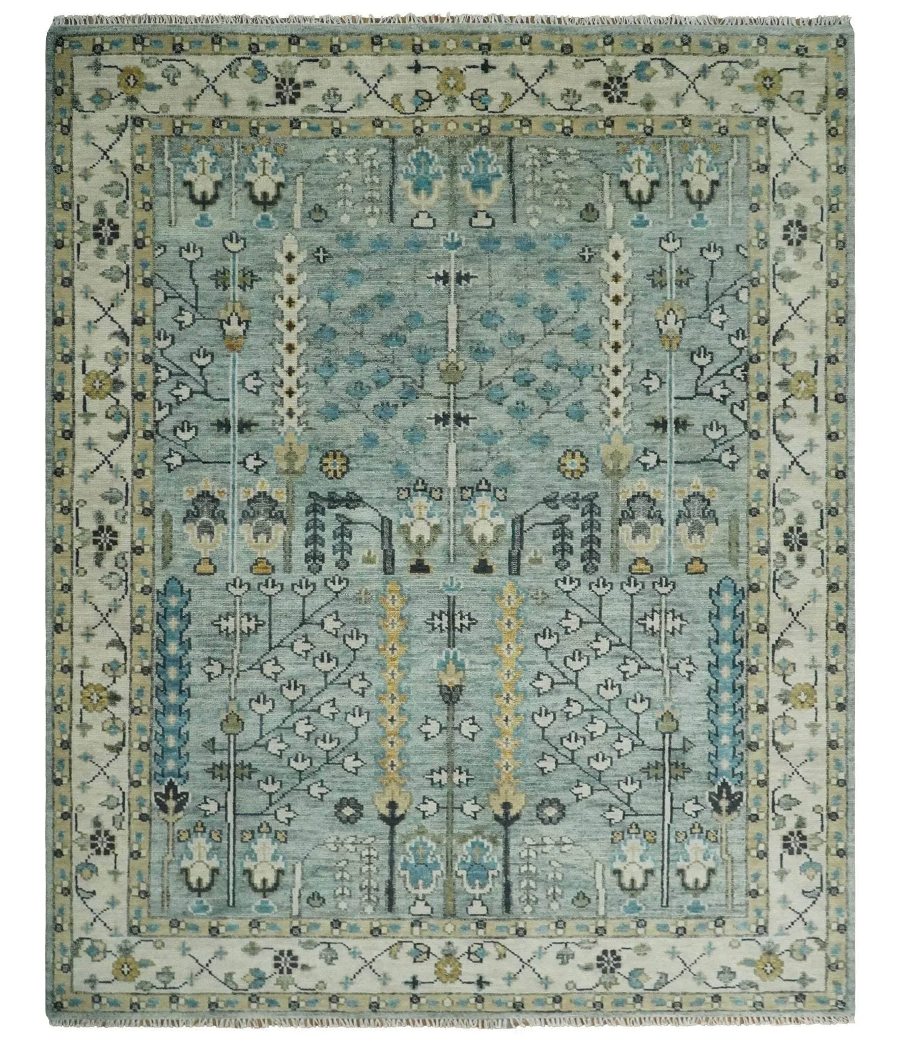 Hand Knotted Traditional Blue and Ivory Antique Oushak Custom Made Wool Area Rug