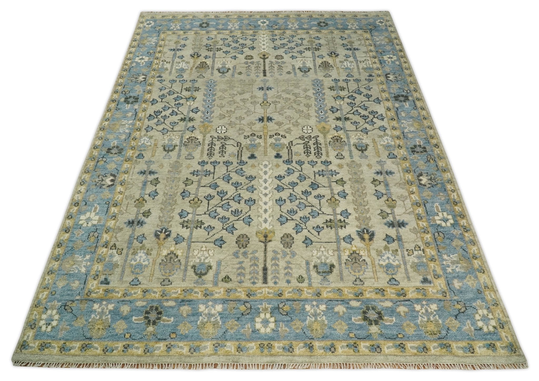 Tree of life Beige and Blue Traditional Hand Knotted Multi Size Wool Area Rug