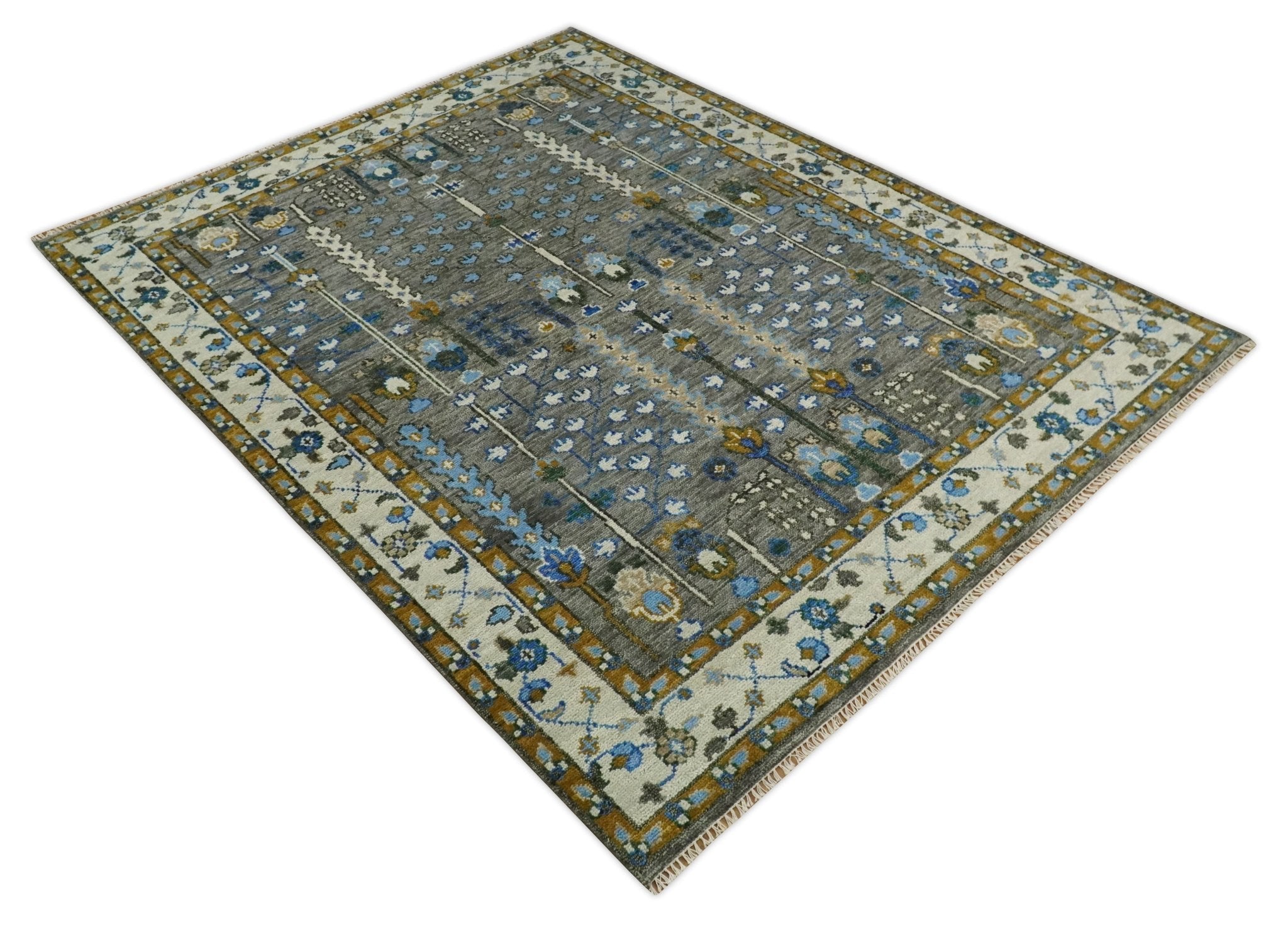 5x8, 6x9, 8x10, 9x12, 10x14 and 12x15 Hand Knotted Charcoal and Ivory Traditional Persian Vintage Heriz Serapi Wool Rug | TRDCP695 - The Rug Decor