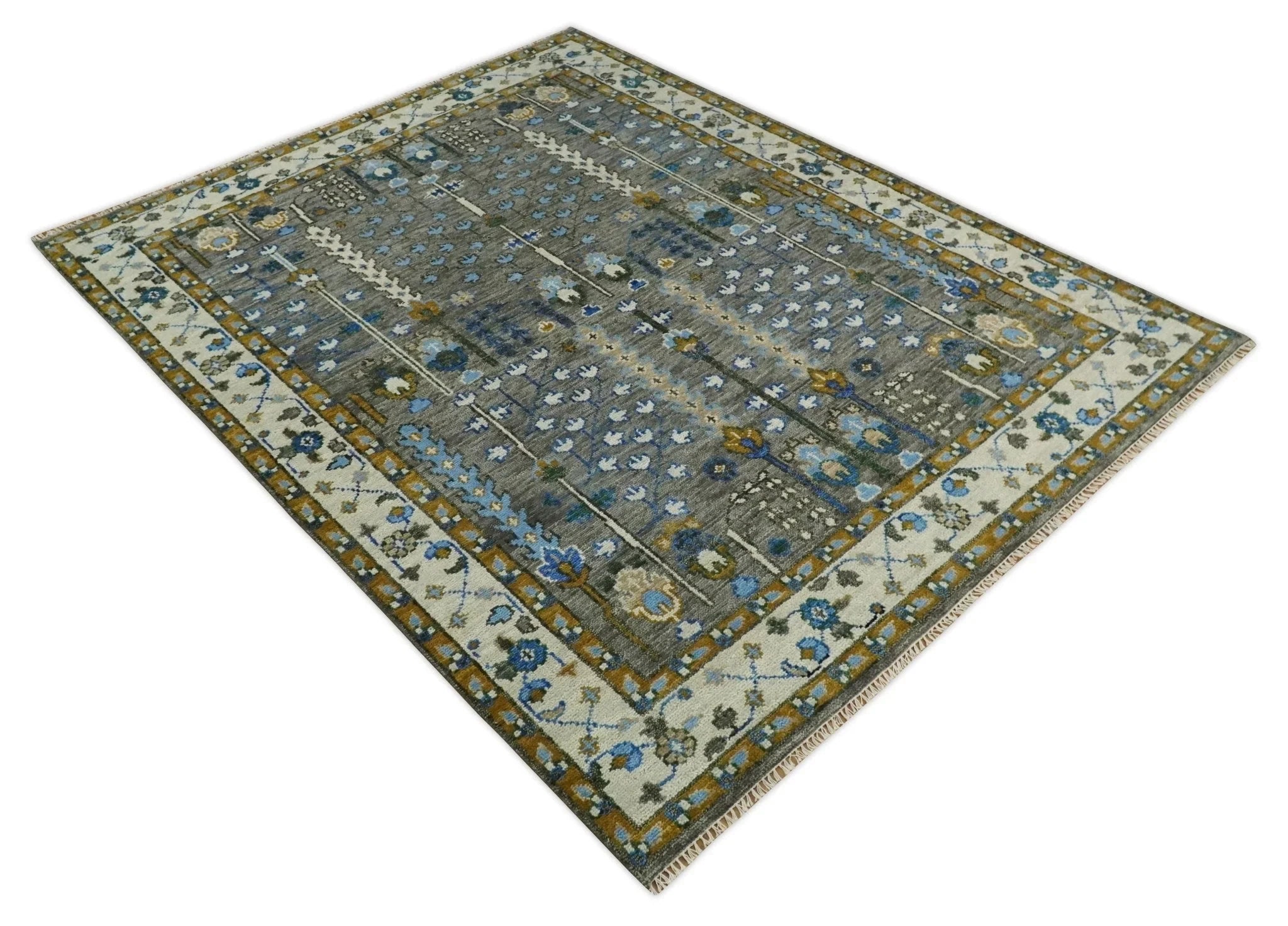 5x8, 6x9, 8x10, 9x12, 10x14 and 12x15 Hand Knotted Charcoal and Ivory Traditional Persian Vintage Heriz Serapi Wool Rug | TRDCP695 - The Rug Decor