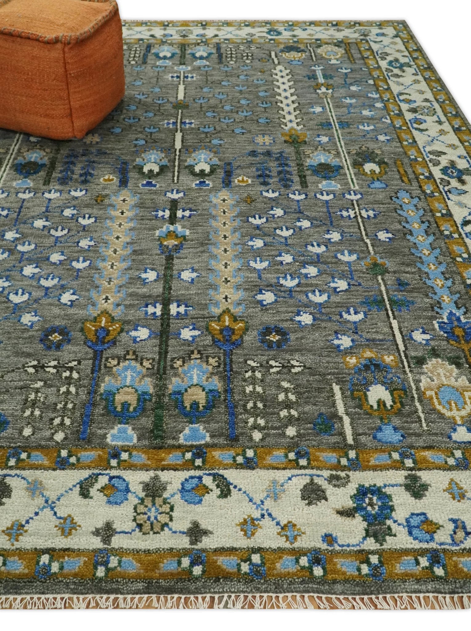 5x8, 6x9, 8x10, 9x12, 10x14 and 12x15 Hand Knotted Charcoal and Ivory Traditional Persian Vintage Heriz Serapi Wool Rug | TRDCP695 - The Rug Decor