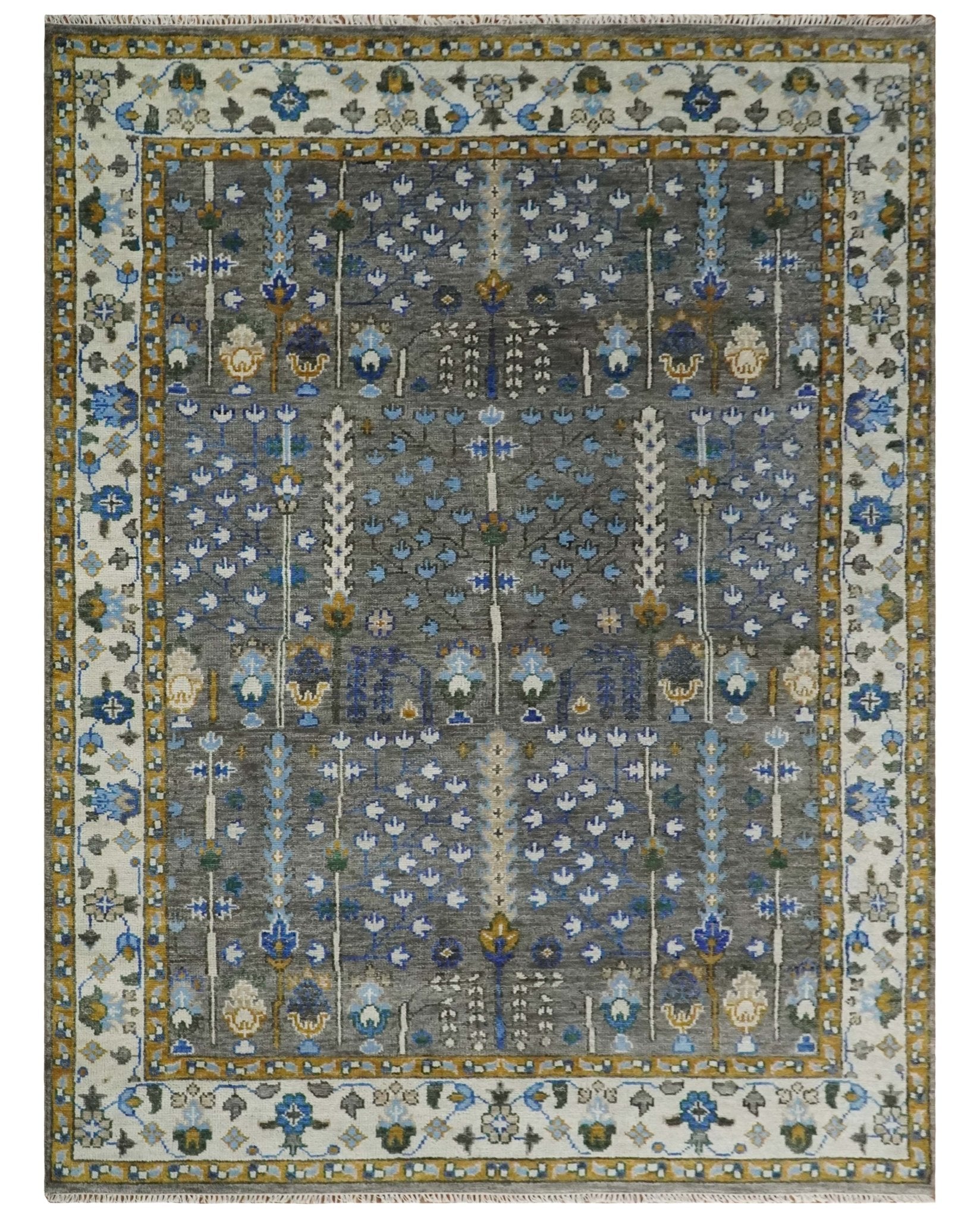 5x8, 6x9, 8x10, 9x12, 10x14 and 12x15 Hand Knotted Charcoal and Ivory Traditional Persian Vintage Heriz Serapi Wool Rug | TRDCP695 - The Rug Decor