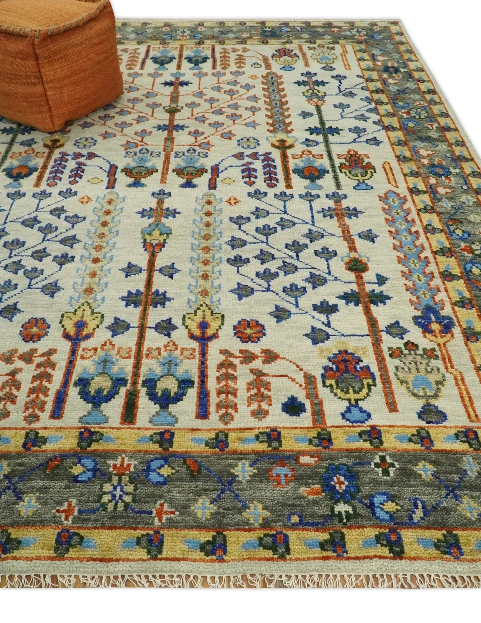 5x8, 6x9, 8x10, 9x12, 10x14 and 12x15 Hand Knotted Ivory and Charcoal Traditional Persian Vintage Heriz Serapi Wool Rug | TRDCP682 - The Rug Decor