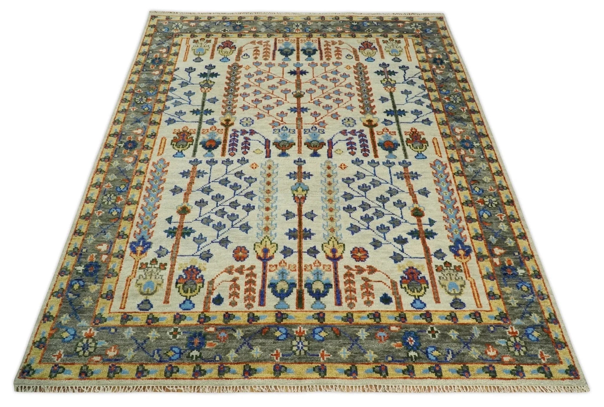 5x8, 6x9, 8x10, 9x12, 10x14 and 12x15 Hand Knotted Ivory and Charcoal Traditional Persian Vintage Heriz Serapi Wool Rug | TRDCP682 - The Rug Decor