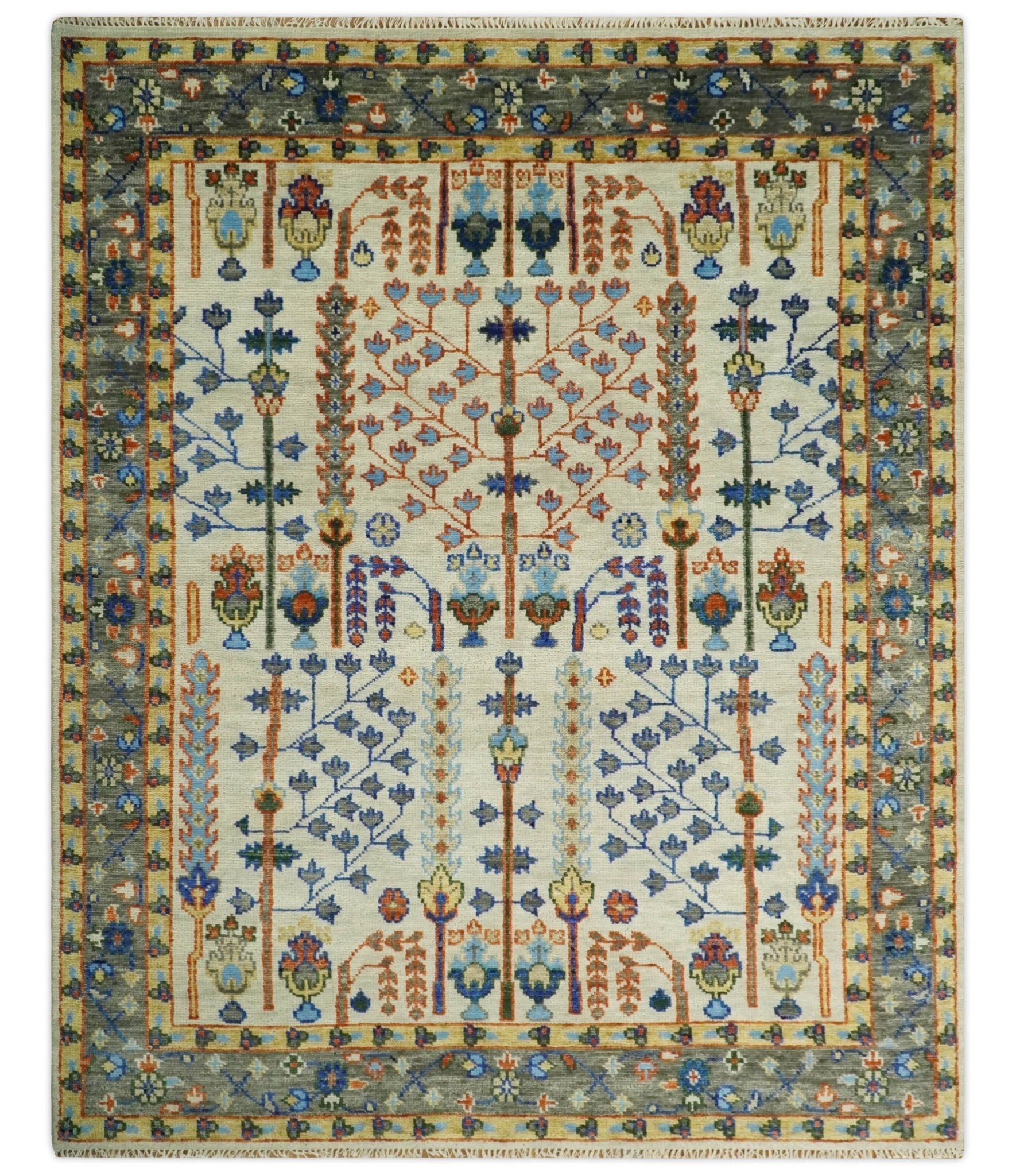 5x8, 6x9, 8x10, 9x12, 10x14 and 12x15 Hand Knotted Ivory and Charcoal Traditional Persian Vintage Heriz Serapi Wool Rug | TRDCP682 - The Rug Decor