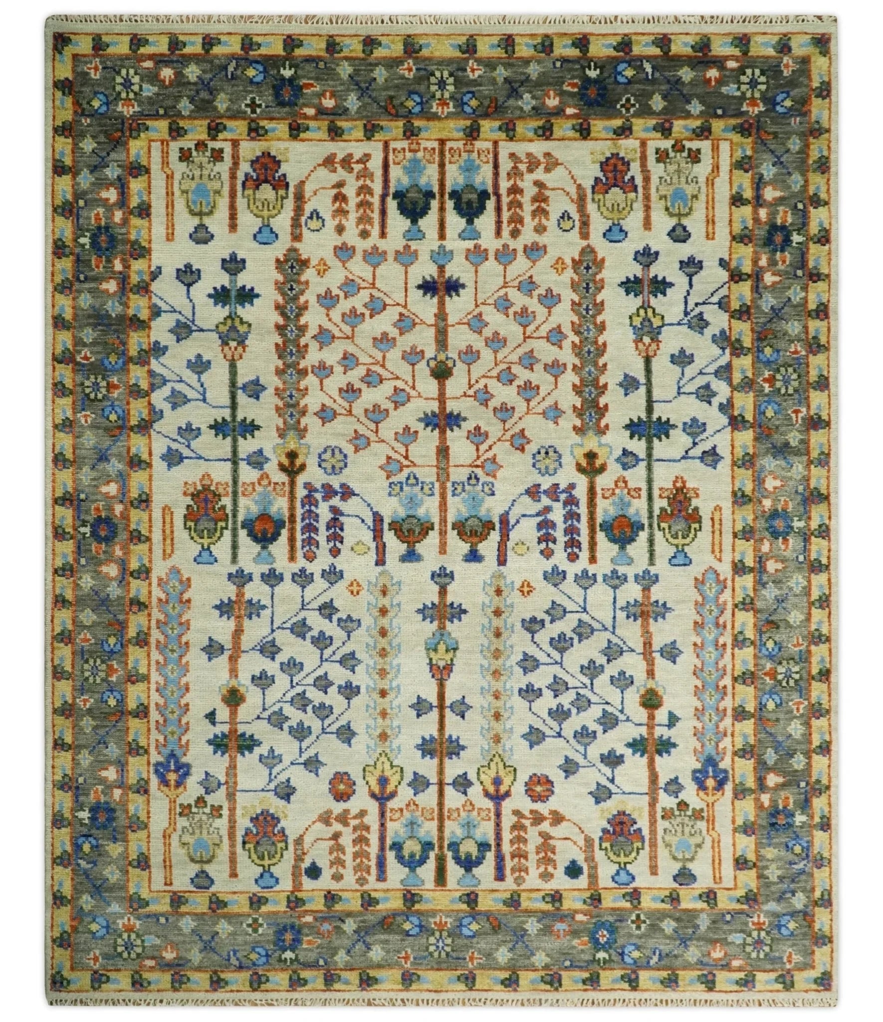 5x8, 6x9, 8x10, 9x12, 10x14 and 12x15 Hand Knotted Ivory and Charcoal Traditional Persian Vintage Heriz Serapi Wool Rug | TRDCP682 - The Rug Decor