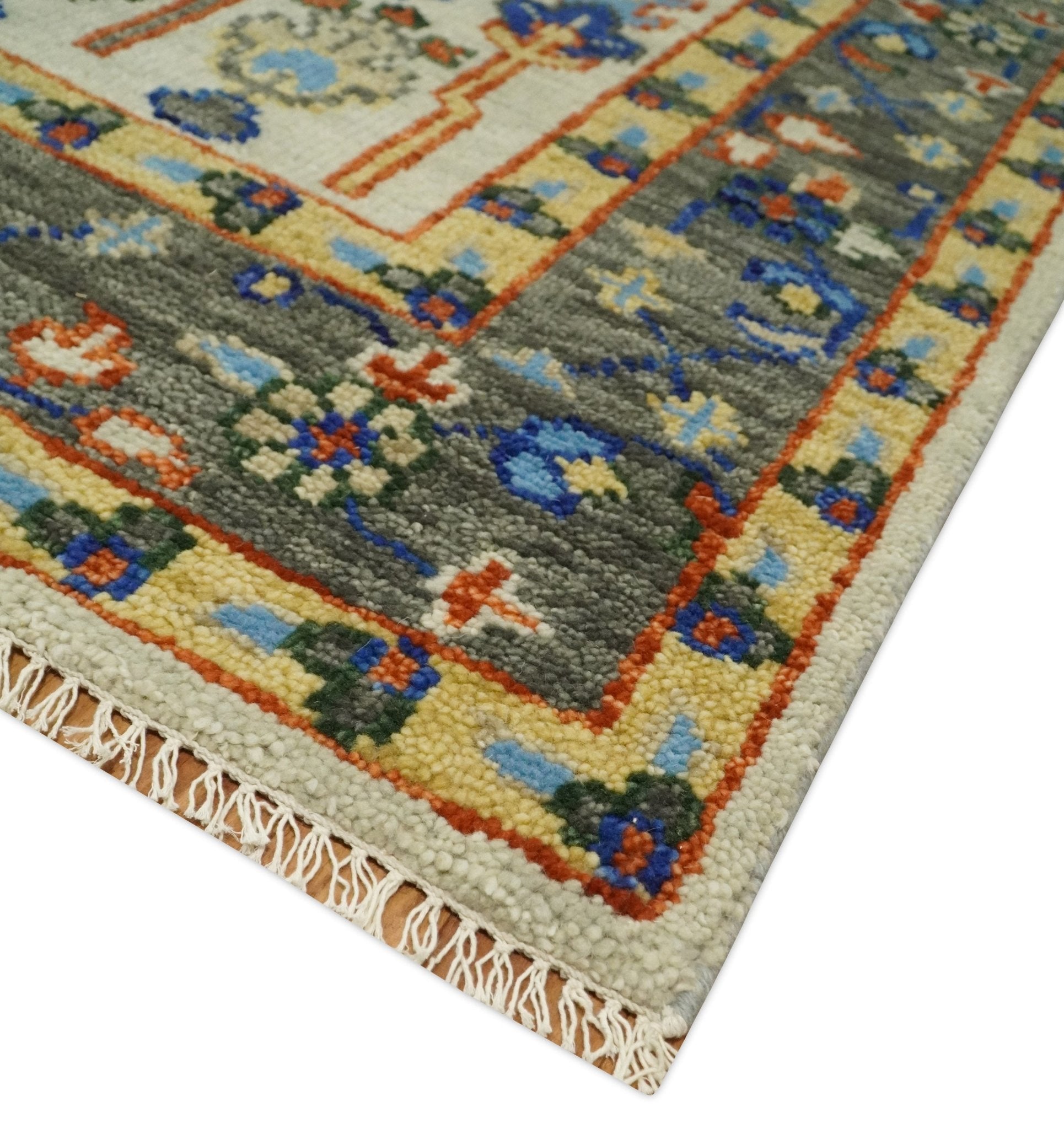 5x8, 6x9, 8x10, 9x12, 10x14 and 12x15 Hand Knotted Ivory and Charcoal Traditional Persian Vintage Heriz Serapi Wool Rug | TRDCP682 - The Rug Decor