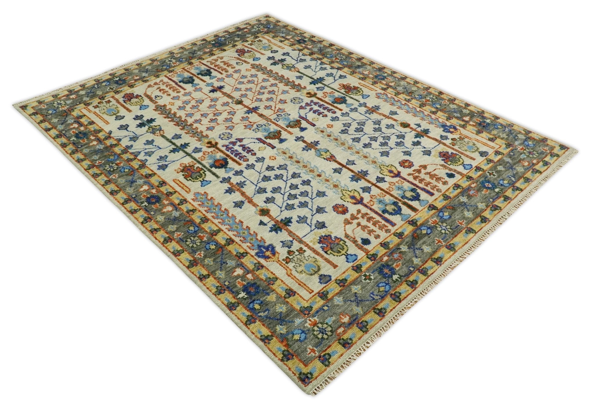 5x8, 6x9, 8x10, 9x12, 10x14 and 12x15 Hand Knotted Ivory and Charcoal Traditional Persian Vintage Heriz Serapi Wool Rug | TRDCP682 - The Rug Decor