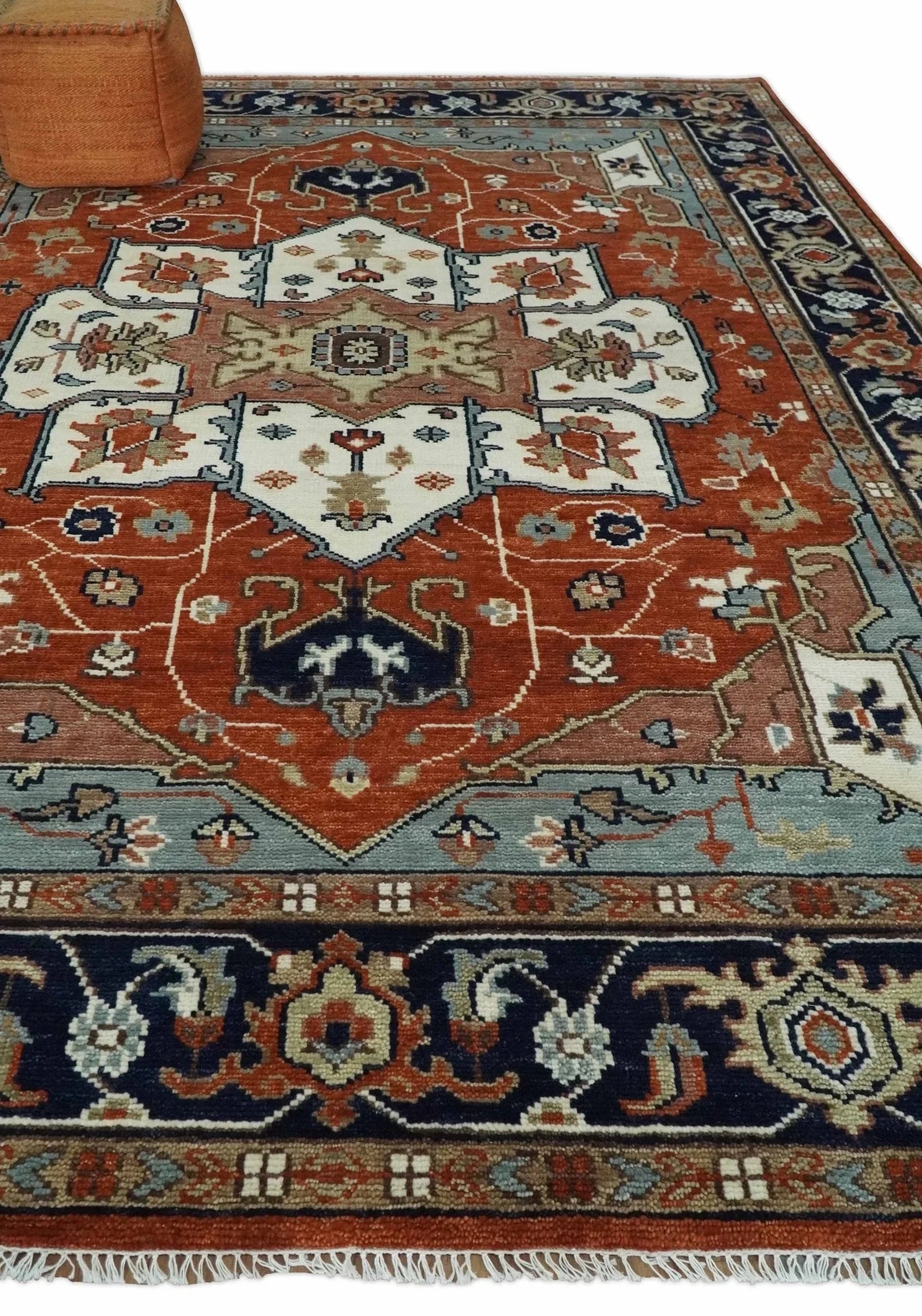 5x8, 6x9, 8x10, 9x12, 10x14 and 12x15 Hand Knotted Ivory, Blue and Rust Modern Traditional Persian Heriz Serapi Wool Rug | TRDCP923912 - The Rug Decor