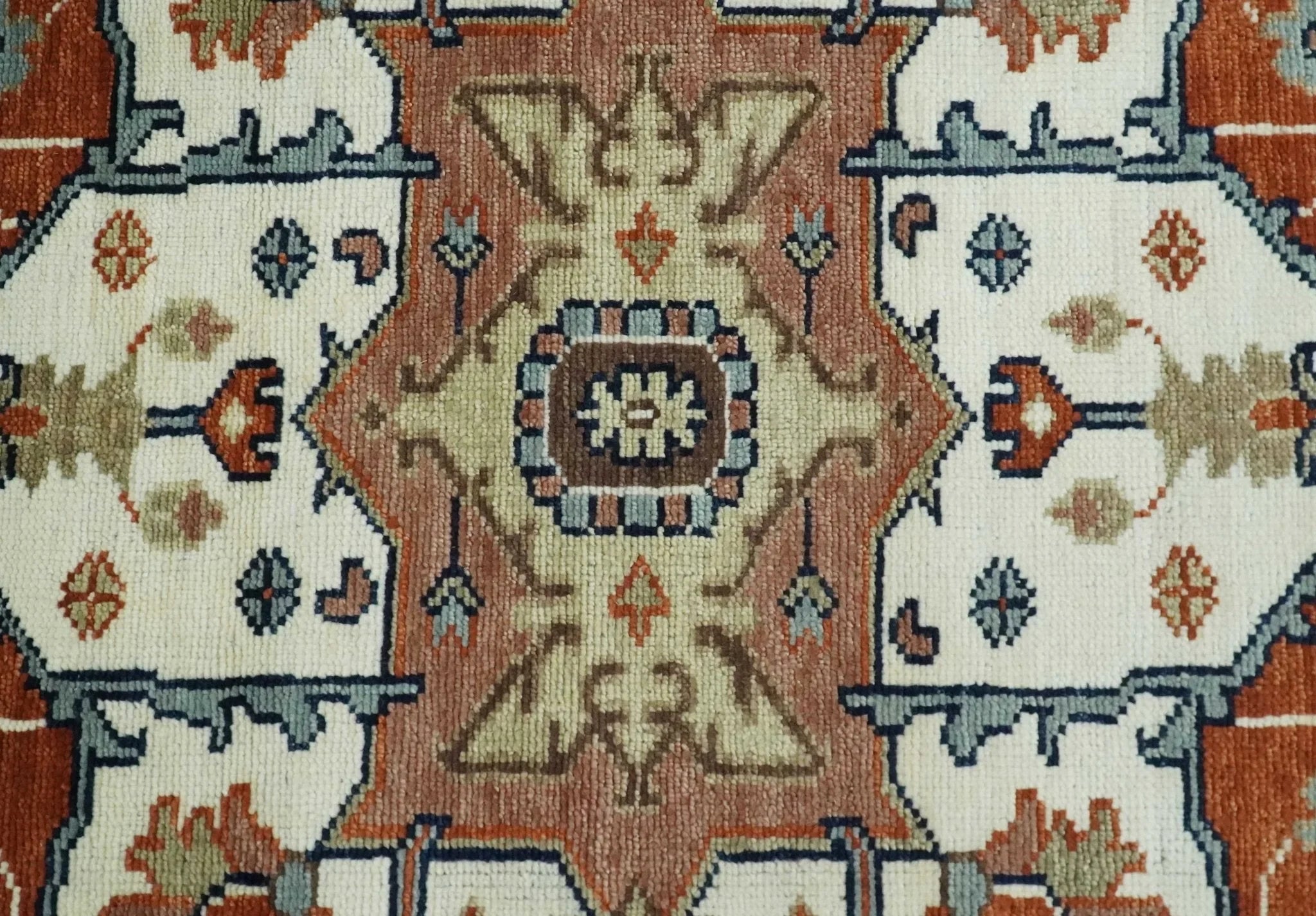5x8, 6x9, 8x10, 9x12, 10x14 and 12x15 Hand Knotted Ivory, Blue and Rust Modern Traditional Persian Heriz Serapi Wool Rug | TRDCP923912 - The Rug Decor