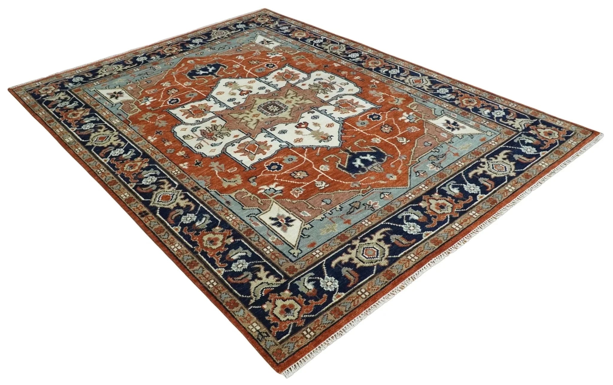 5x8, 6x9, 8x10, 9x12, 10x14 and 12x15 Hand Knotted Ivory, Blue and Rust Modern Traditional Persian Heriz Serapi Wool Rug | TRDCP923912 - The Rug Decor
