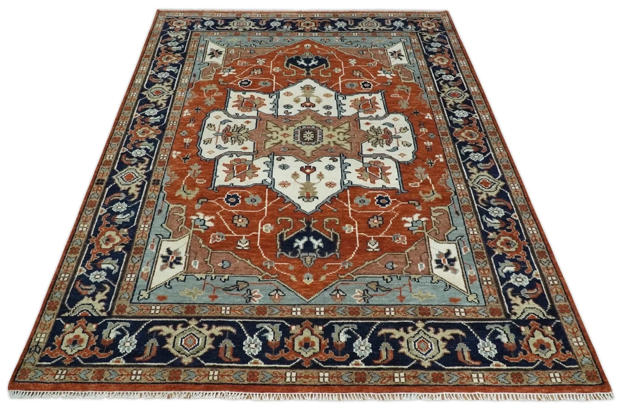 5x8, 6x9, 8x10, 9x12, 10x14 and 12x15 Hand Knotted Ivory, Blue and Rust Modern Traditional Persian Heriz Serapi Wool Rug | TRDCP923912 - The Rug Decor