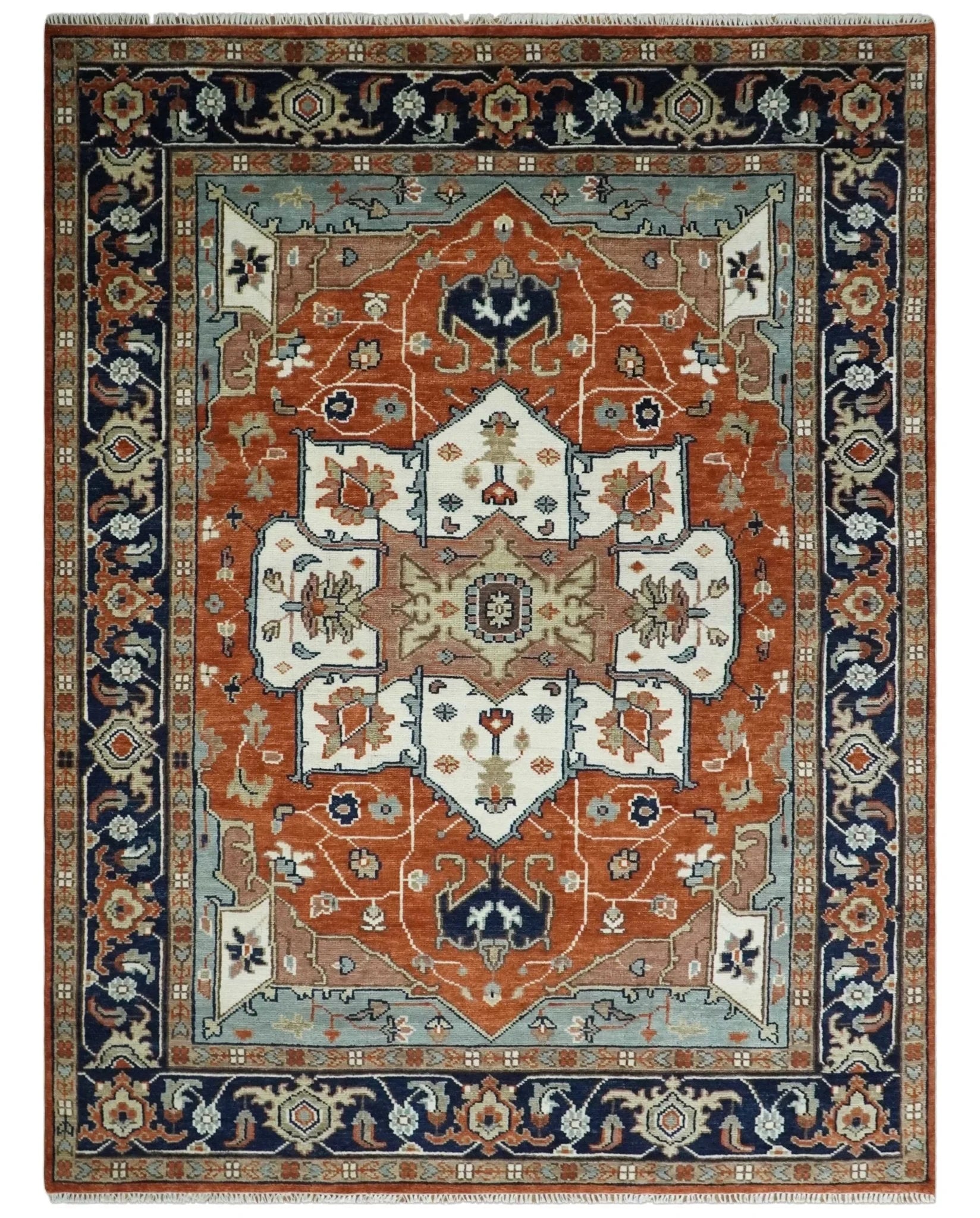 5x8, 6x9, 8x10, 9x12, 10x14 and 12x15 Hand Knotted Ivory, Blue and Rust Modern Traditional Persian Heriz Serapi Wool Rug | TRDCP923912 - The Rug Decor