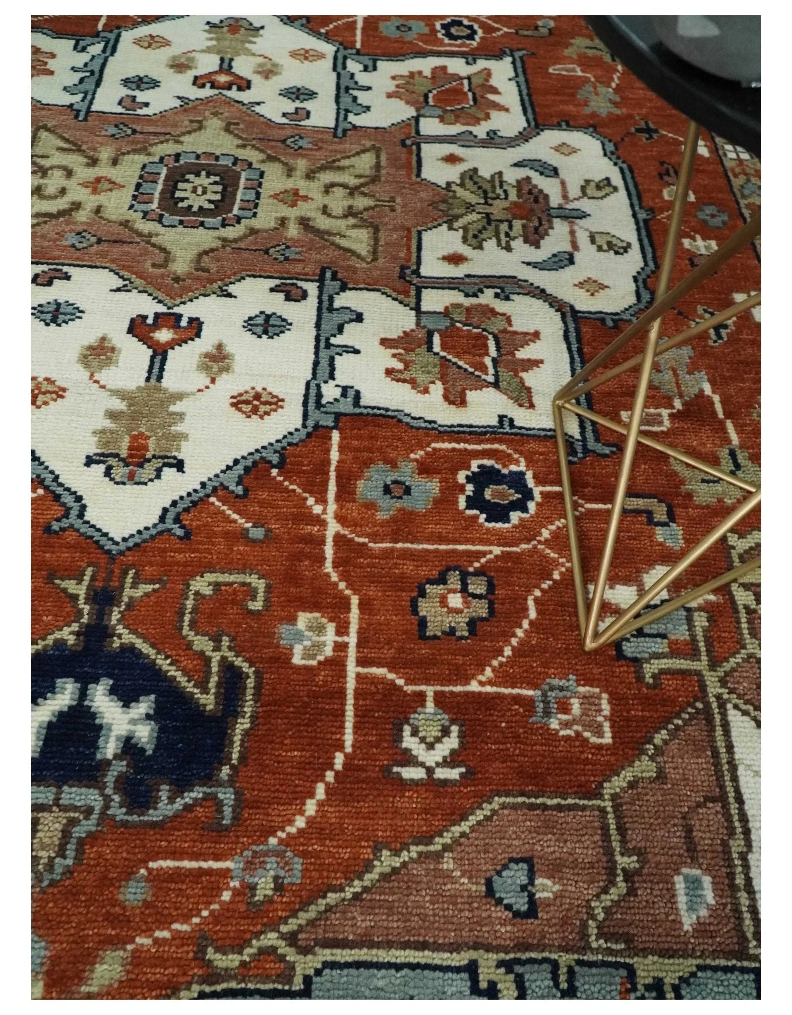 5x8, 6x9, 8x10, 9x12, 10x14 and 12x15 Hand Knotted Ivory, Blue and Rust Modern Traditional Persian Heriz Serapi Wool Rug | TRDCP923912 - The Rug Decor