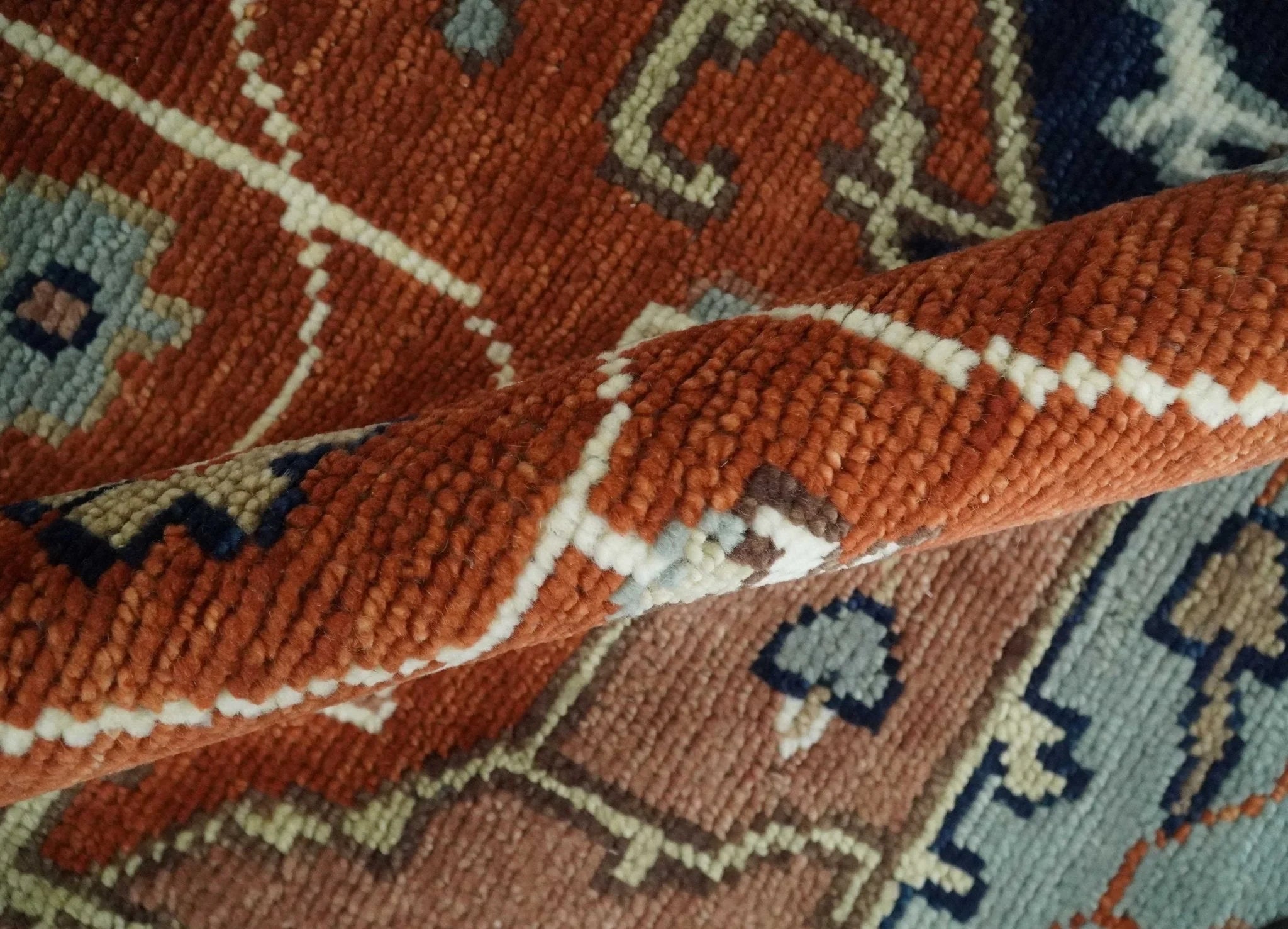 5x8, 6x9, 8x10, 9x12, 10x14 and 12x15 Hand Knotted Ivory, Blue and Rust Modern Traditional Persian Heriz Serapi Wool Rug | TRDCP923912 - The Rug Decor