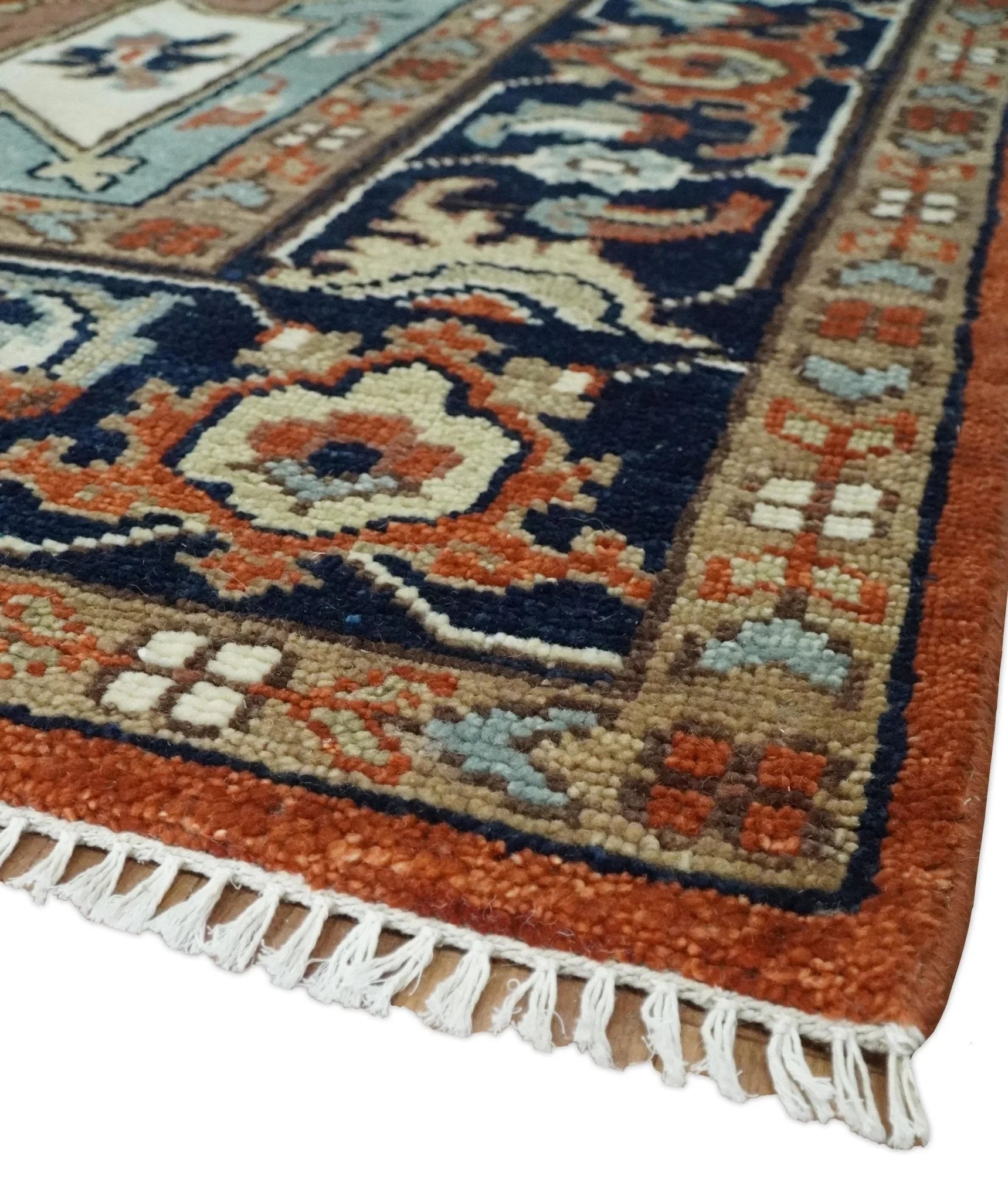 5x8, 6x9, 8x10, 9x12, 10x14 and 12x15 Hand Knotted Ivory, Blue and Rust Modern Traditional Persian Heriz Serapi Wool Rug | TRDCP923912 - The Rug Decor