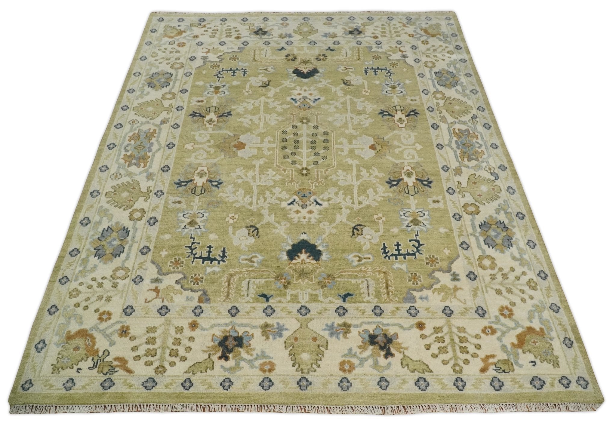 5x8, 6x9, 8x10, 9x12, 10x14 and 12x15 Hand Knotted Olive, Silver and Beige Traditional Persian Vintage Heriz Serapi Wool Rug | TRDCP746 - The Rug Decor
