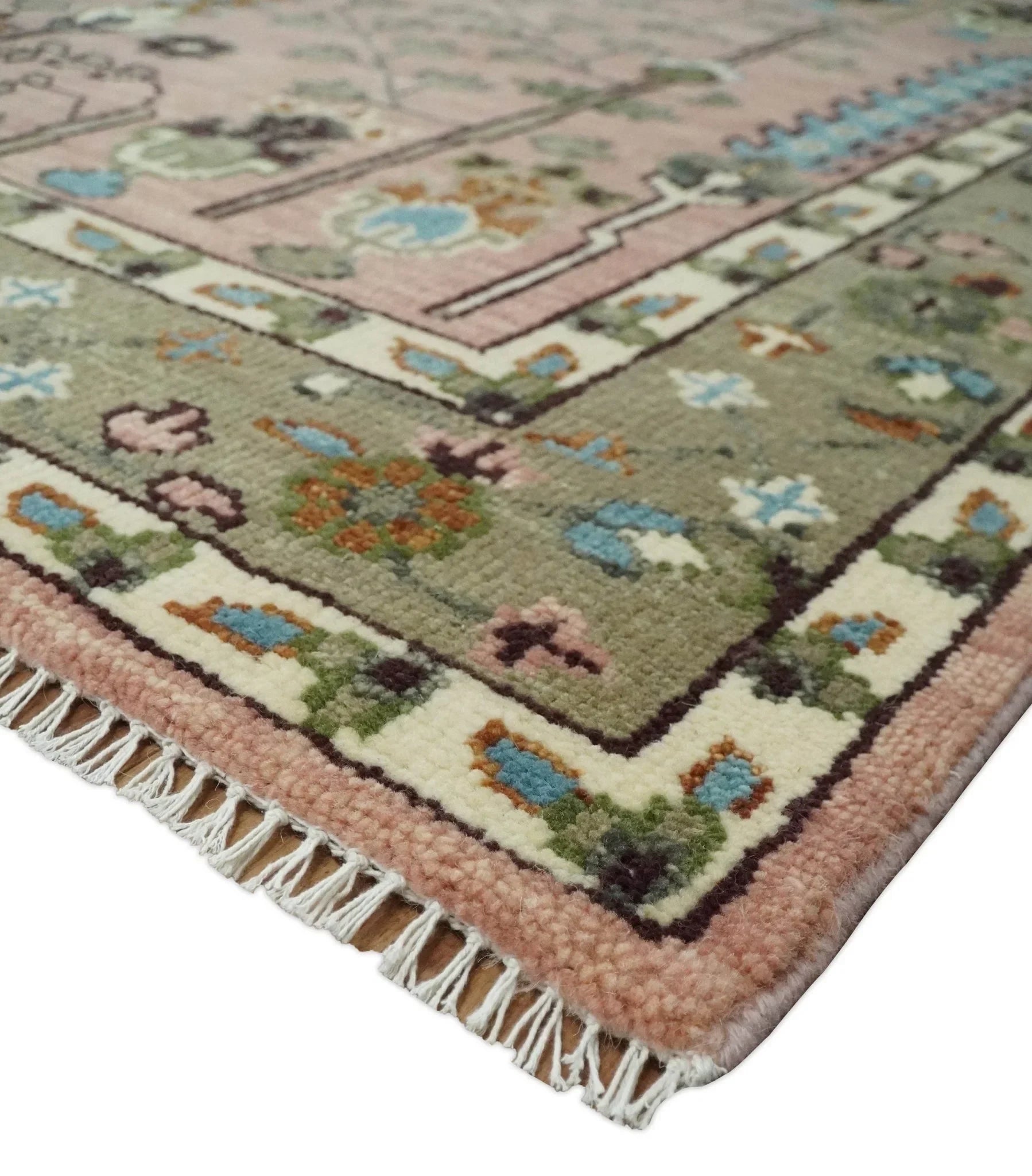 Pink, Olive, and Beige Traditional Vintage Heriz Serapi Wool Rug