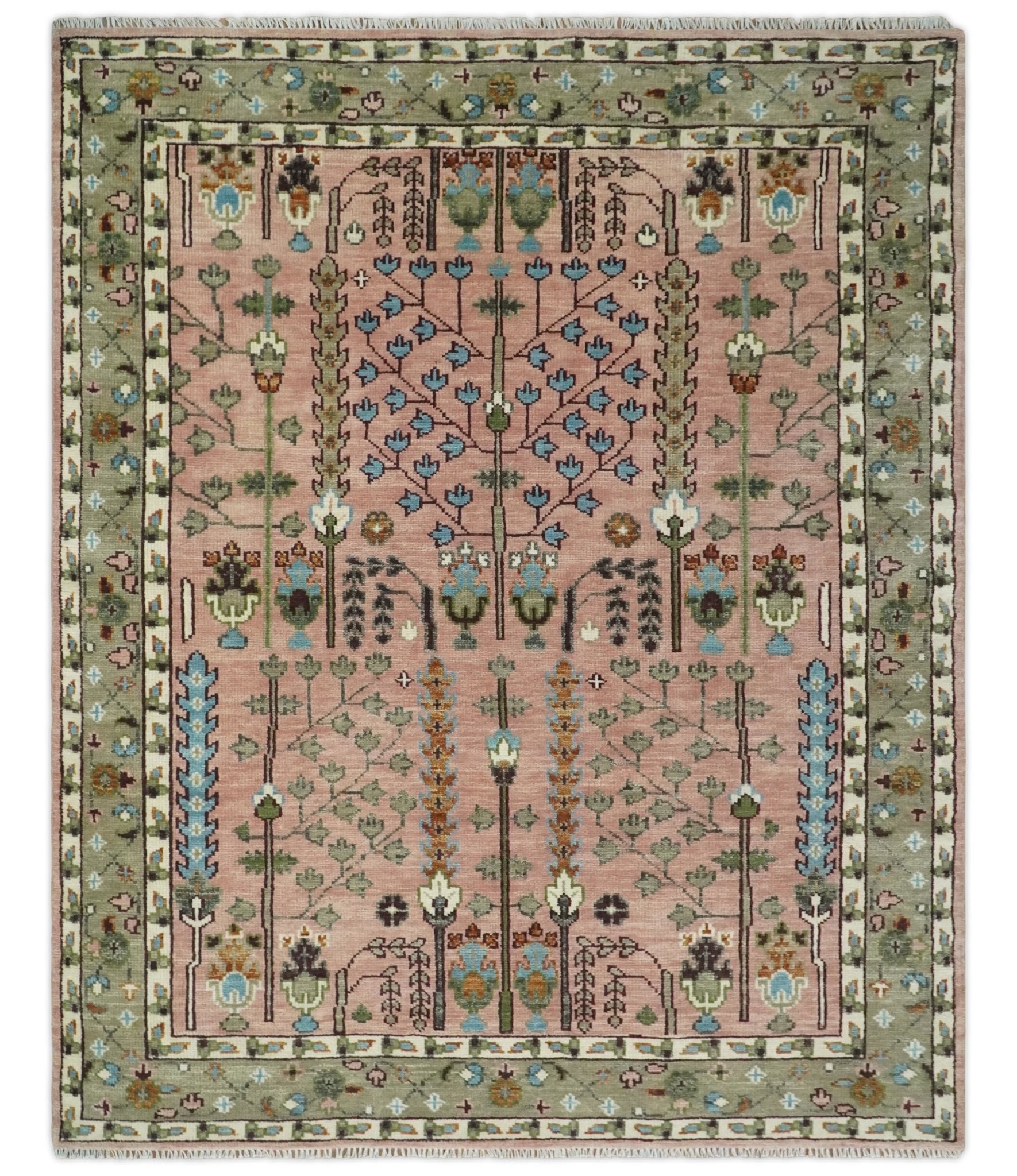 Pink, Olive and Beige Traditional Vintage Heriz Serapi Wool Rug