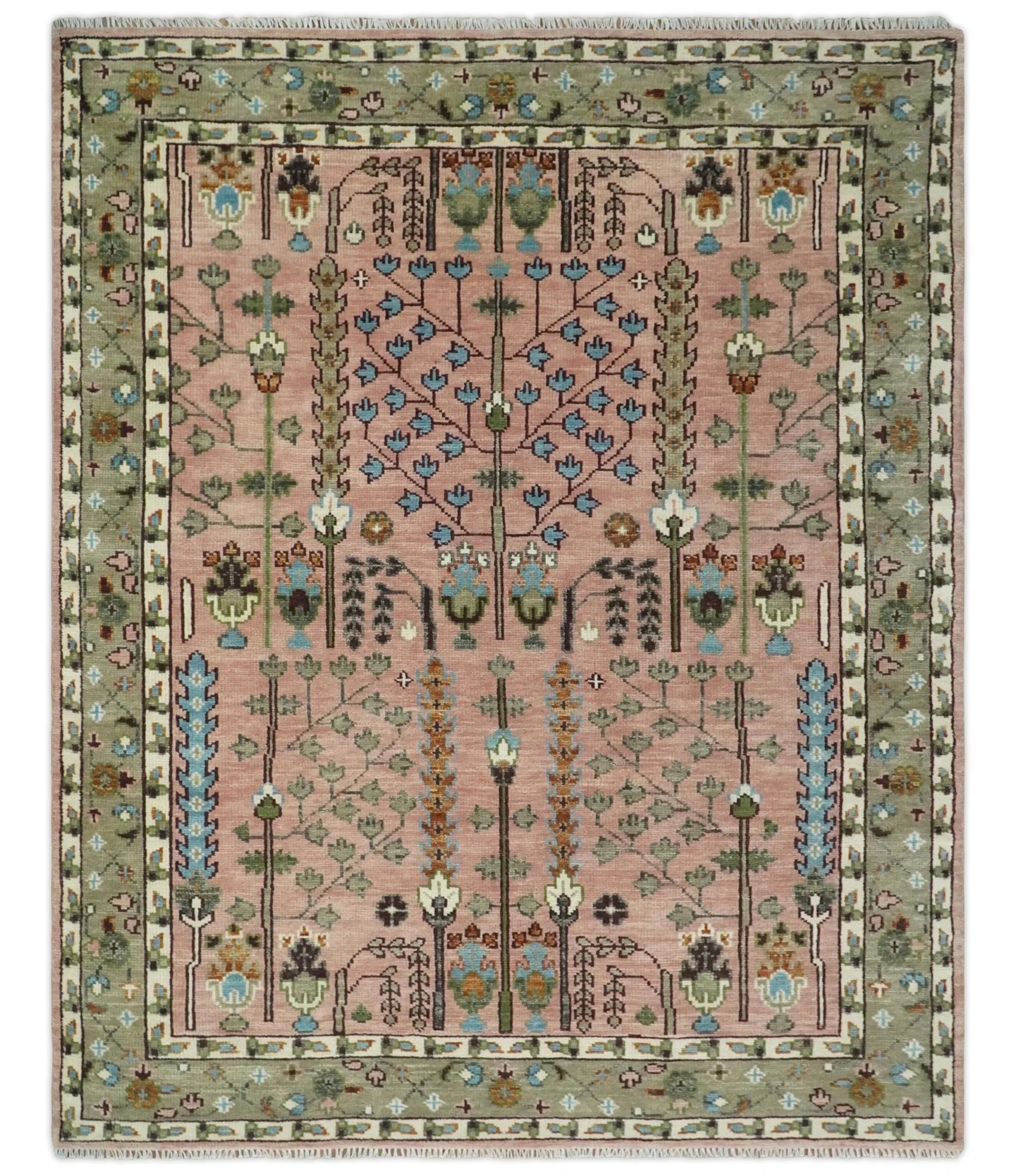 Pink, Olive, and Beige Traditional Vintage Heriz Serapi Wool Rug