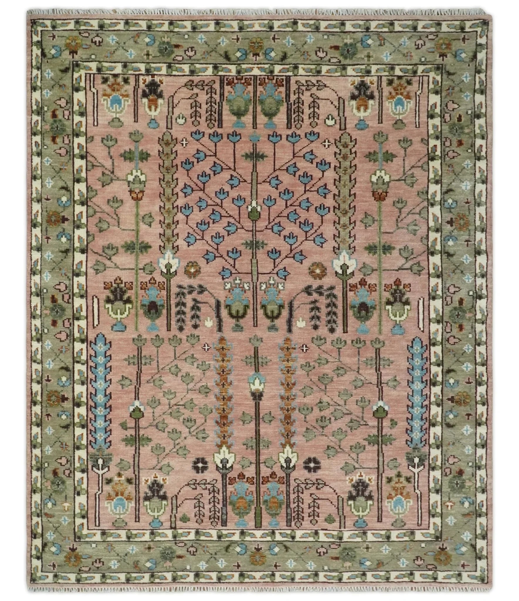 Pink, Olive, and Beige Traditional Vintage Heriz Serapi Wool Rug
