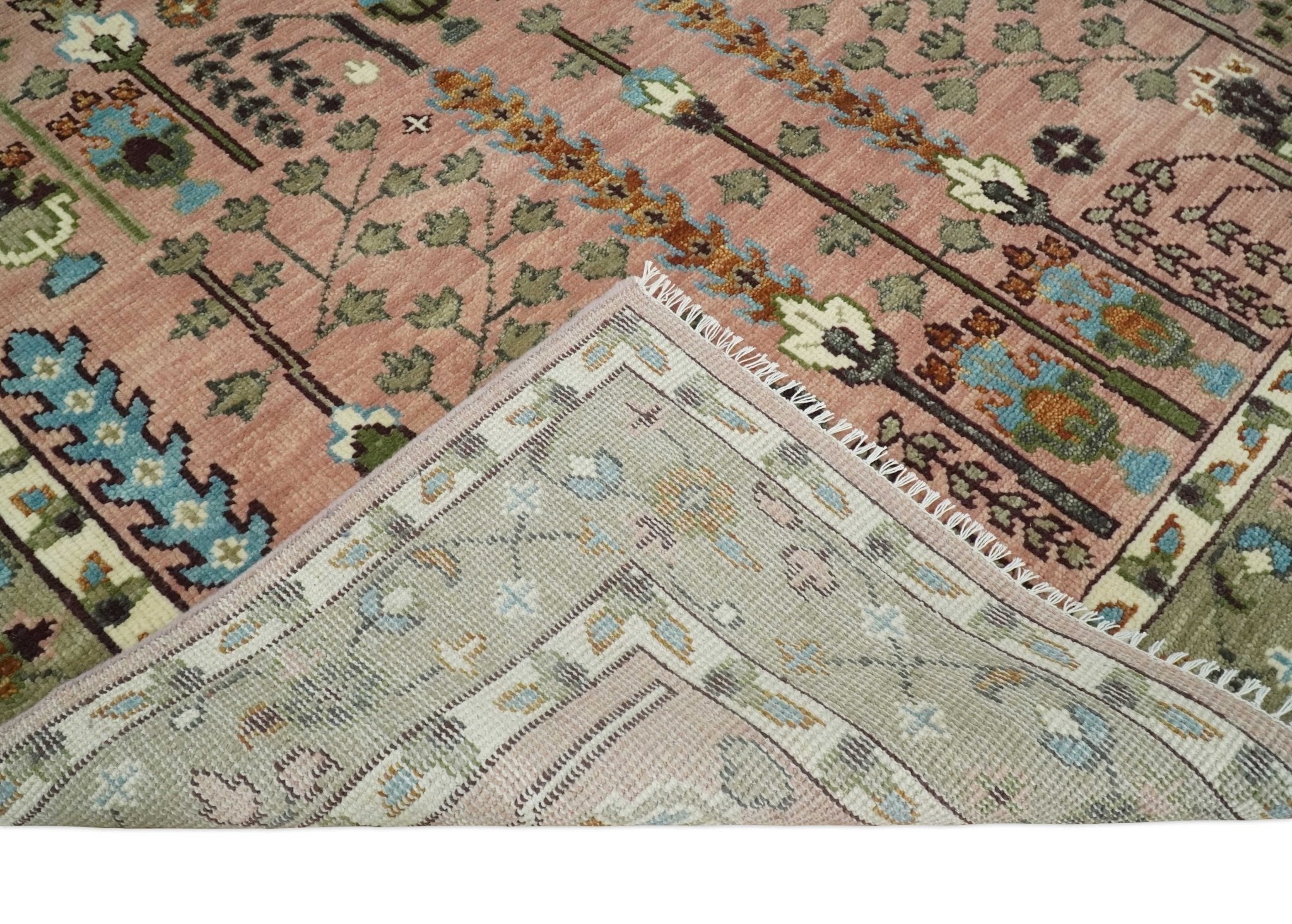 Pink, Olive and Beige Traditional Vintage Heriz Serapi Wool Rug