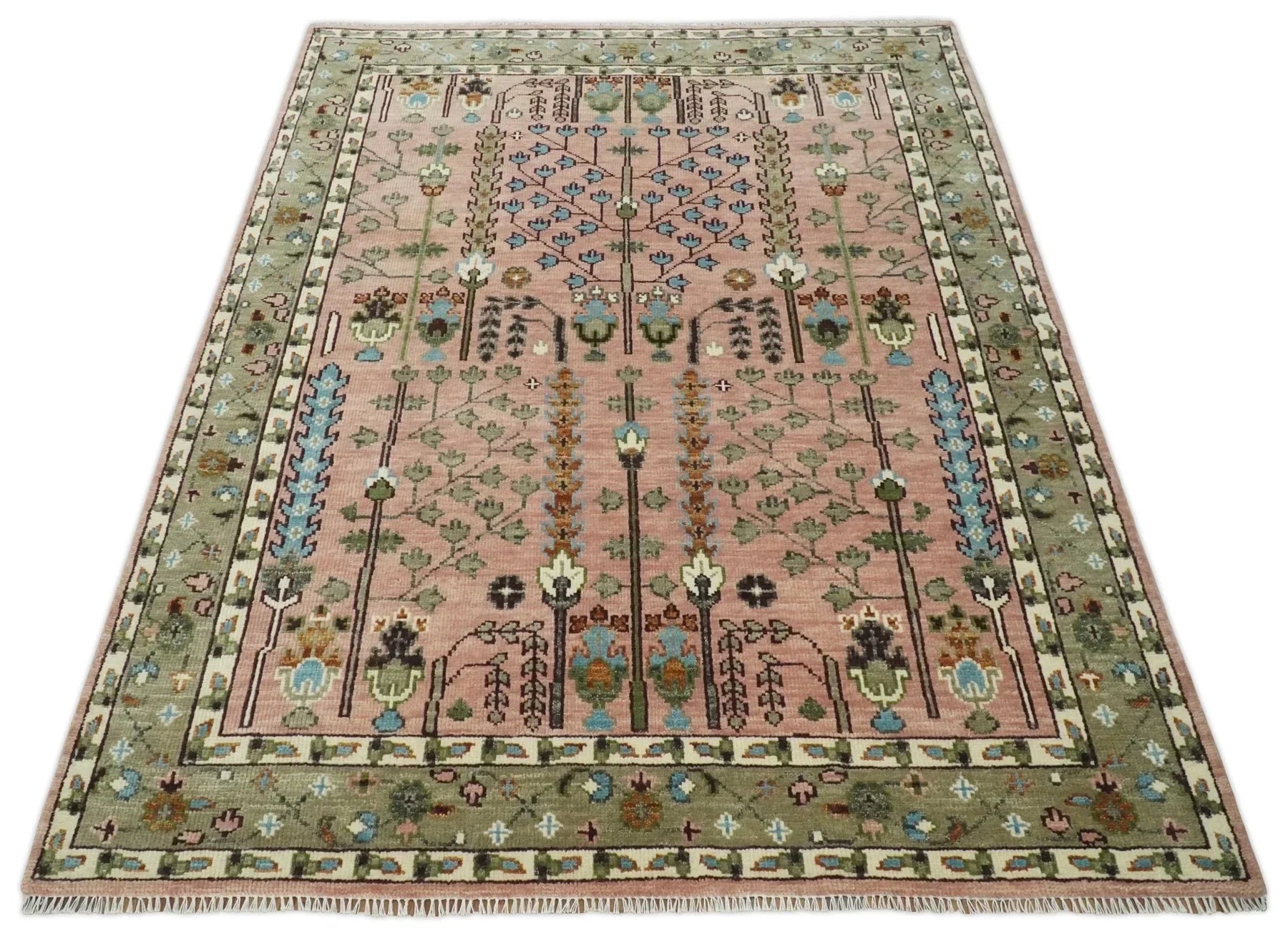 Pink, Olive, and Beige Traditional Vintage Heriz Serapi Wool Rug