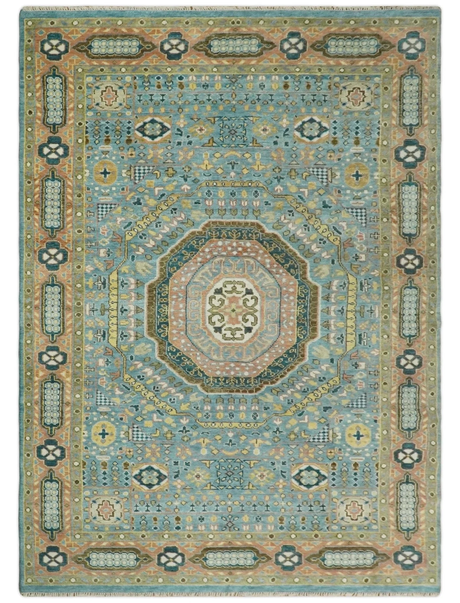 5x8, 6x9, 8x10, 9x12, 10x14 and 12x15 Hand Knotted traditional Kazak Blue and Rust Traditional Armenian Rug | TRDCP134 - The Rug Decor