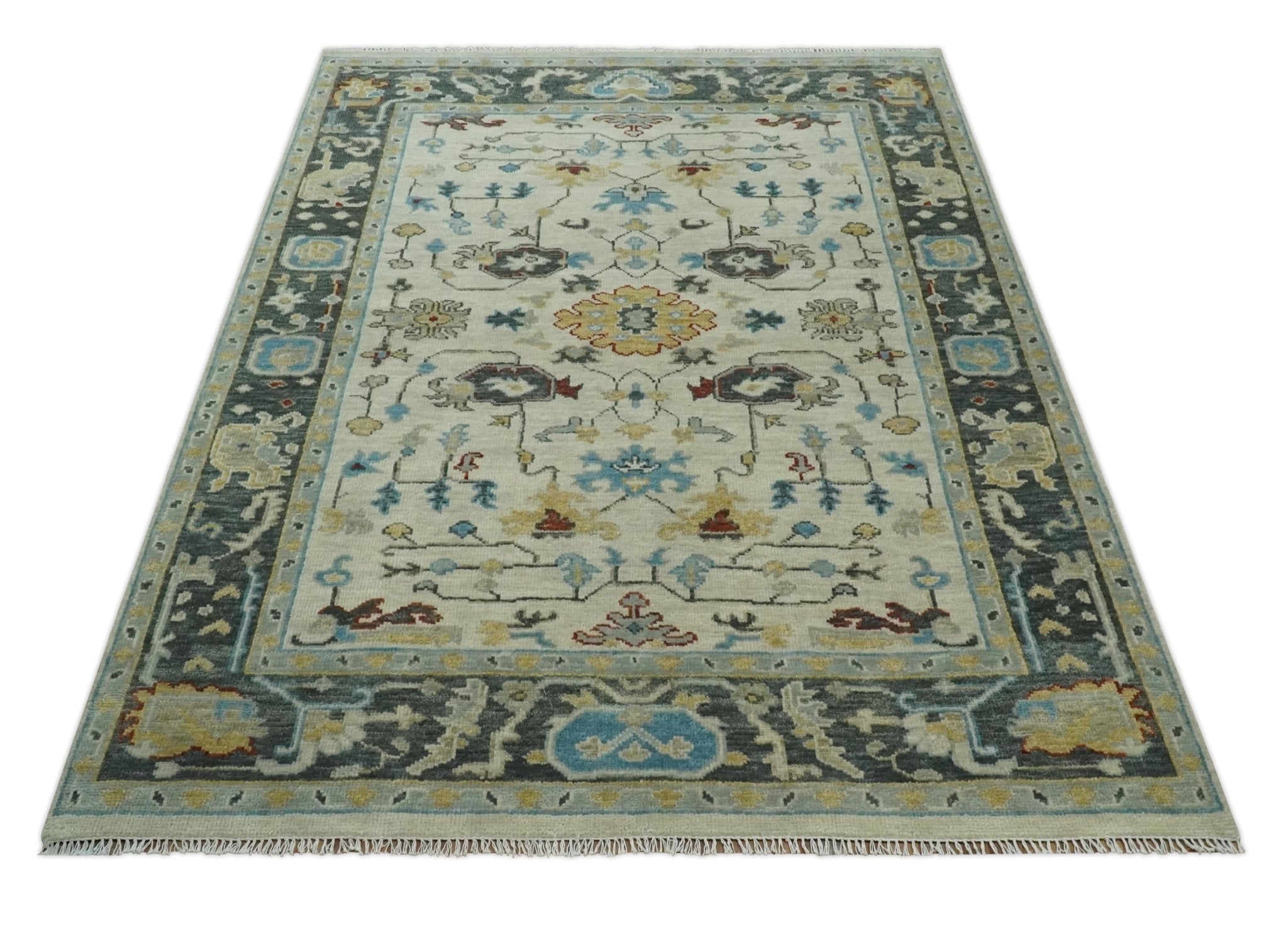 Beige and Gray Traditional Oriental Oushak Hand Knotted Wool Area Rug
