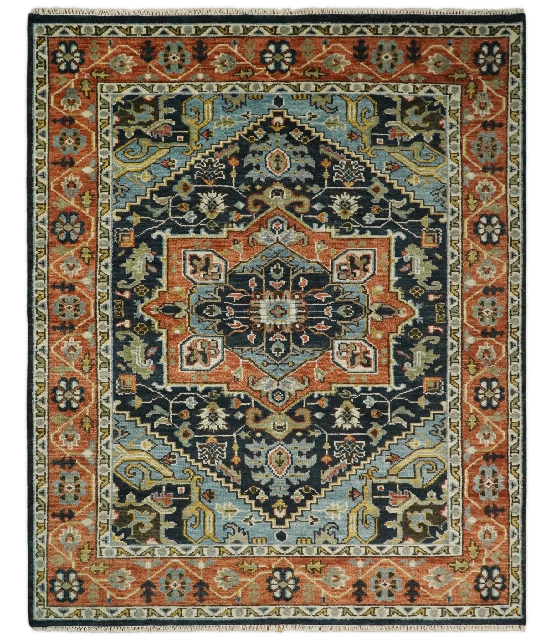 5x8, 6x9, 8x10, 9x12, 10x14 and 12x15 Rust and Blue Traditional Vintage Persian Antique Hand Knotted Wool Area Rug | TRDCP692 - The Rug Decor