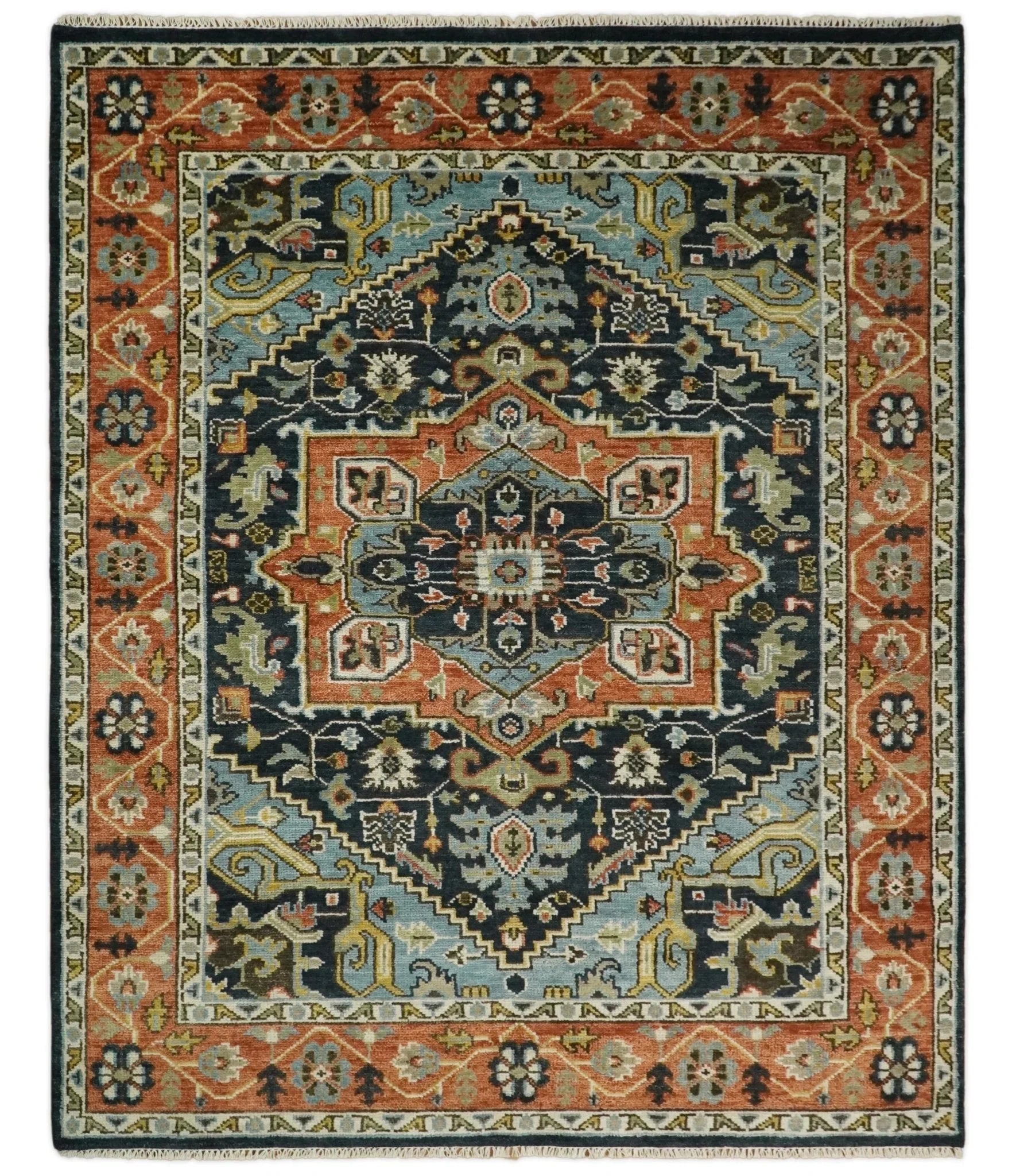 5x8, 6x9, 8x10, 9x12, 10x14 and 12x15 Rust and Blue Traditional Vintage Persian Antique Hand Knotted Wool Area Rug | TRDCP692 - The Rug Decor