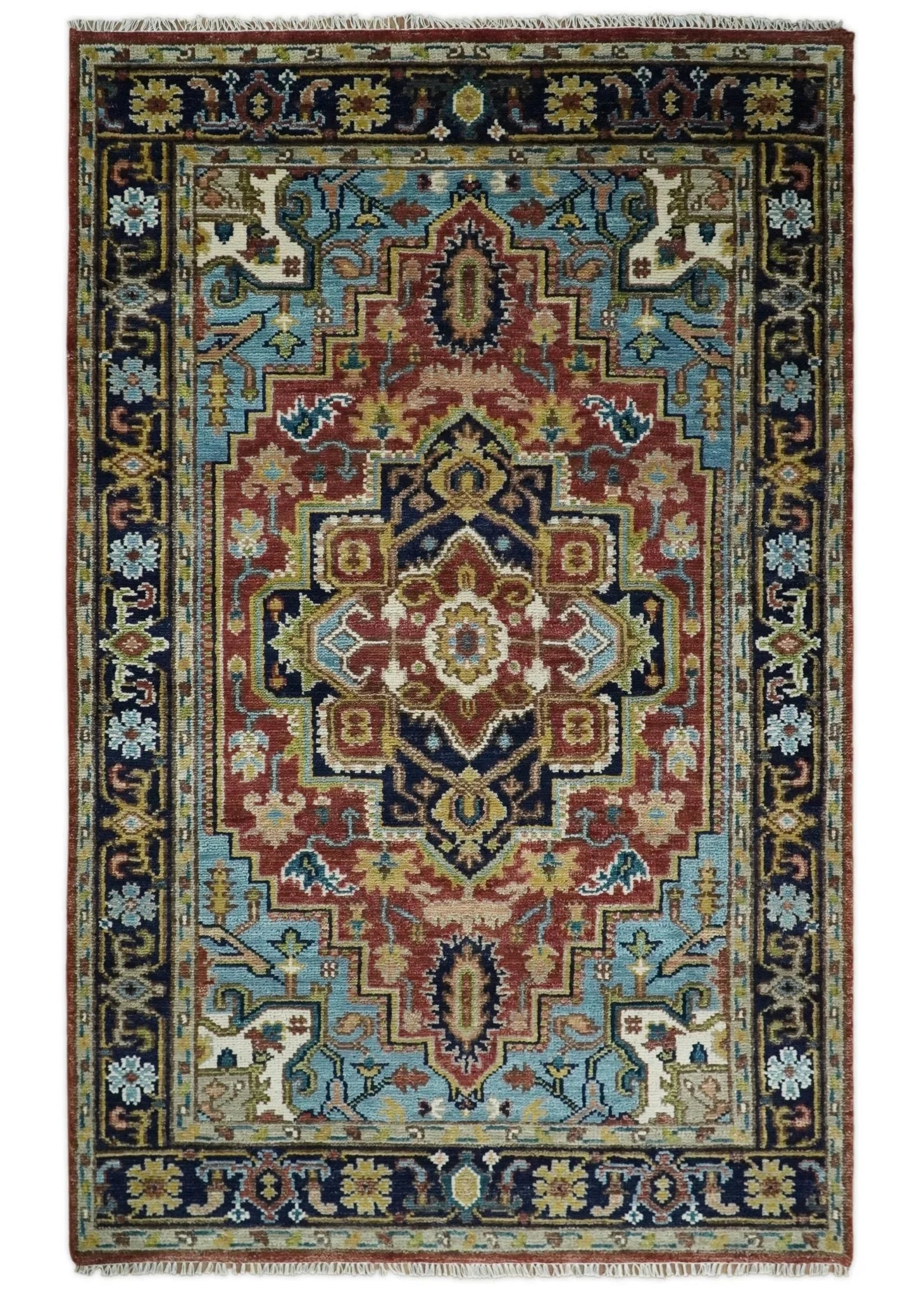 5x8, 6x9, 8x10, 9x12 and 10x14 Hand Knotted Rust and Blue Traditional Vintage Heriz Serapi Wool Rug | TRDCP114 - The Rug Decor