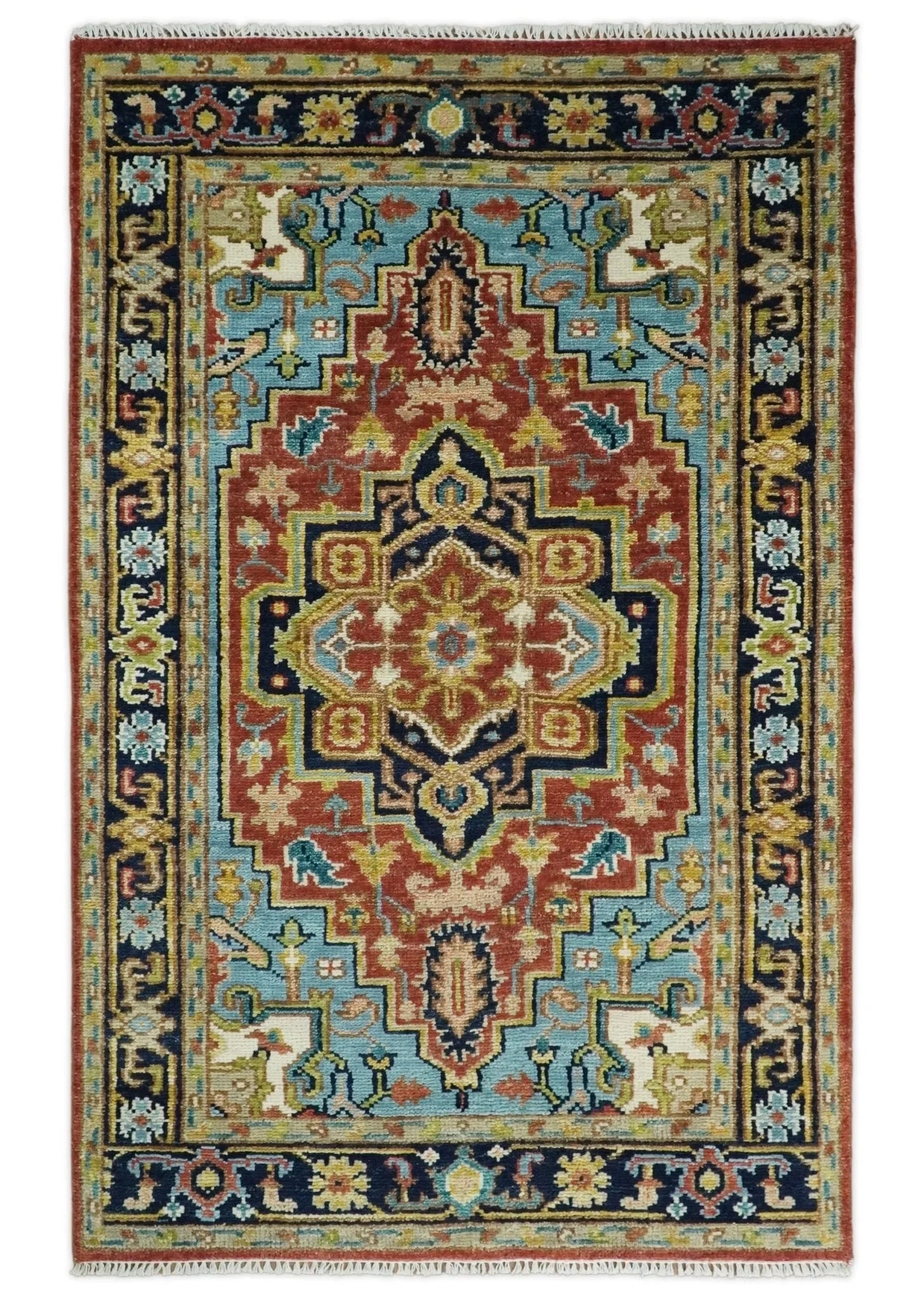 5x8, 6x9, 8x10, 9x12 and 10x14 Hand Knotted Rust and Blue Traditional Vintage Heriz Serapi Wool Rug | TRDCP114 - The Rug Decor