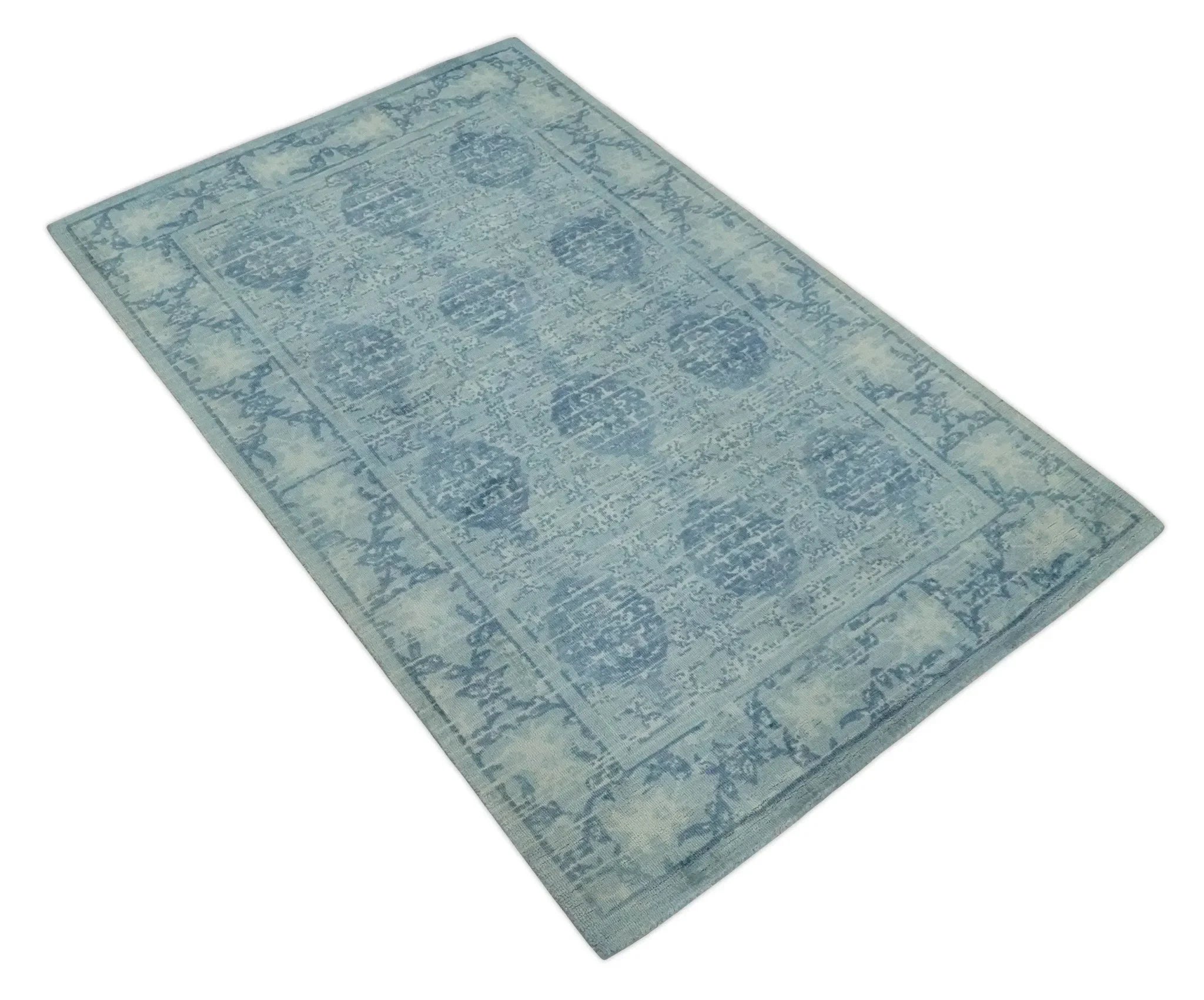 5x8 Ivory and Blue Traditional Ikat design Hand Tufted Wool Area Rug - The Mayfair Hall