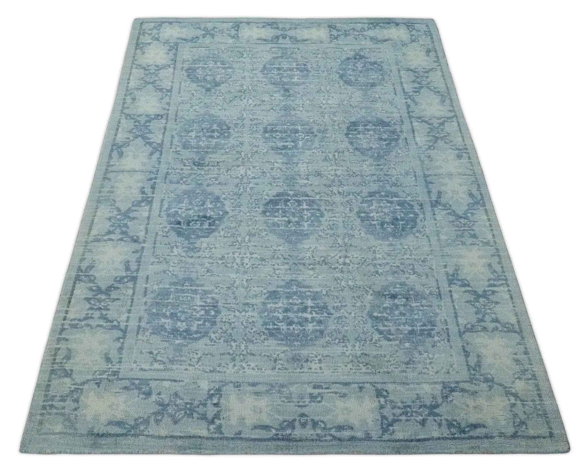 5x8 Ivory and Blue Traditional Ikat design Hand Tufted Wool Area Rug - The Mayfair Hall