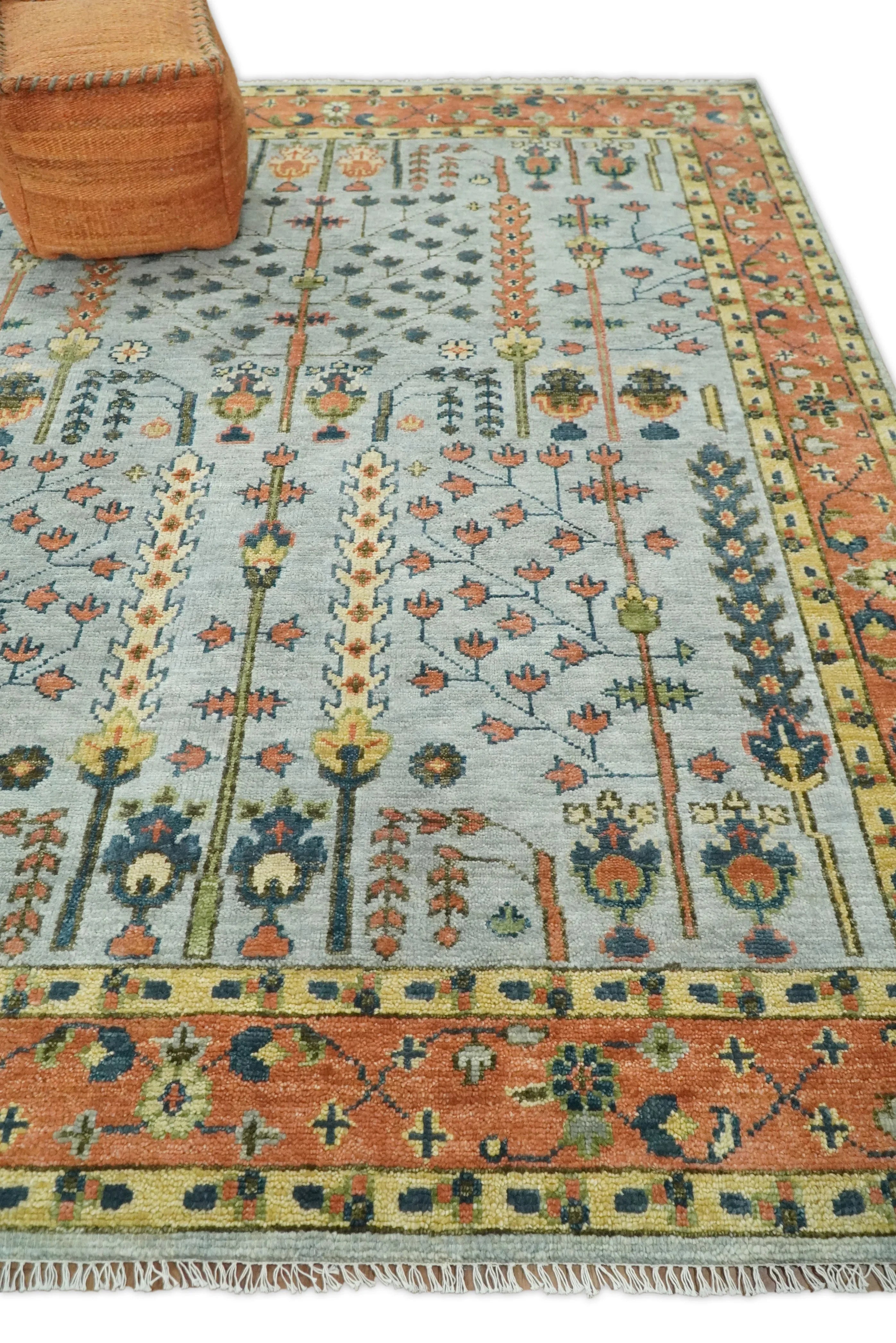 Hand Knotted Rust and Blue Traditional Turkish Vintage Multi Size Wool Rug - The Mayfair Hall