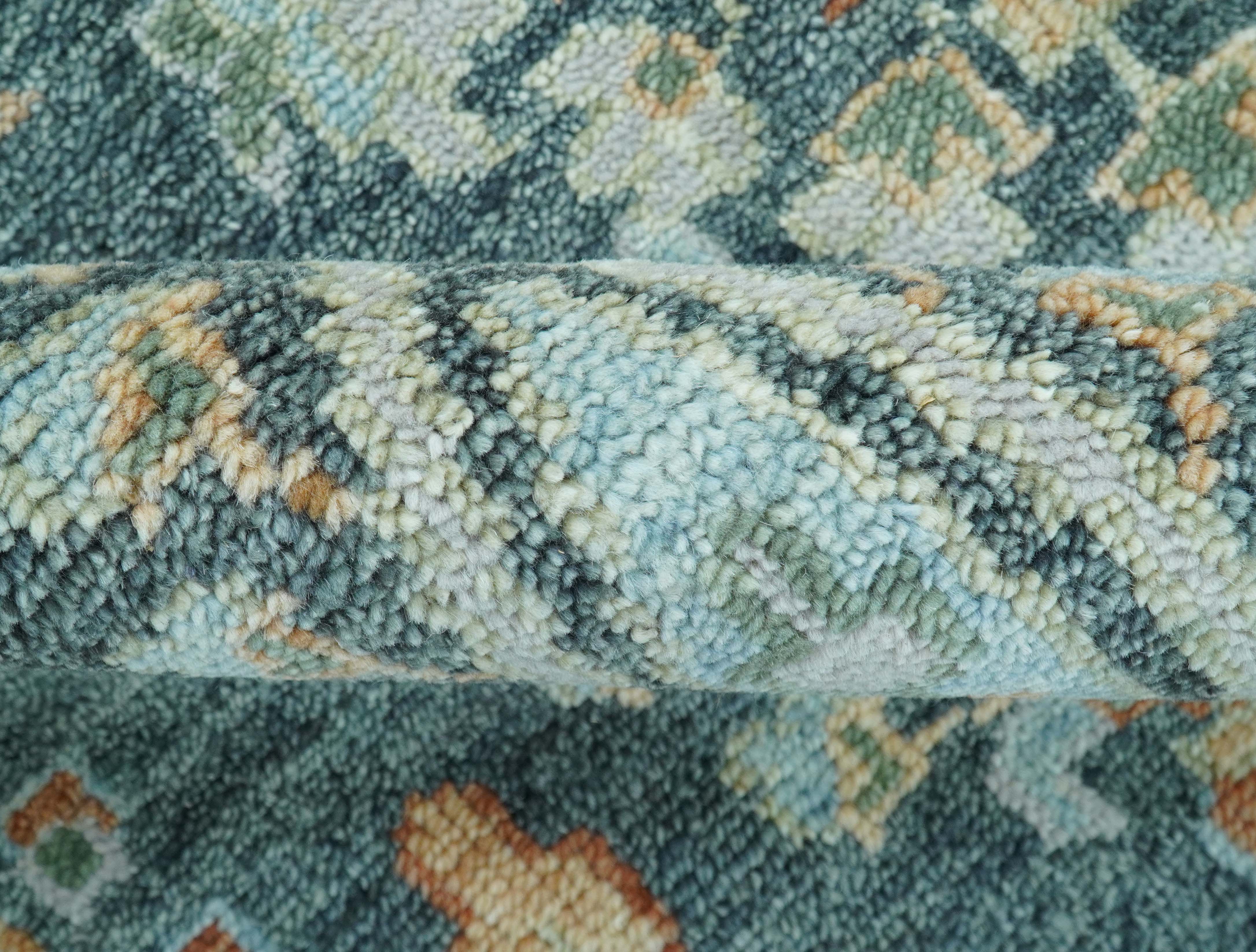 Custom Made Antique Hand Knotted Charcoal and Blue Traditional Oushak Design Wool Rug