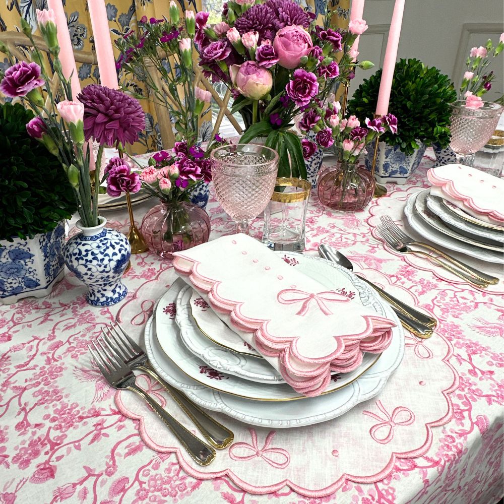 100% Linen - Studio Collection: Juliet Bows Napkins - White/Pink (Set of 4)