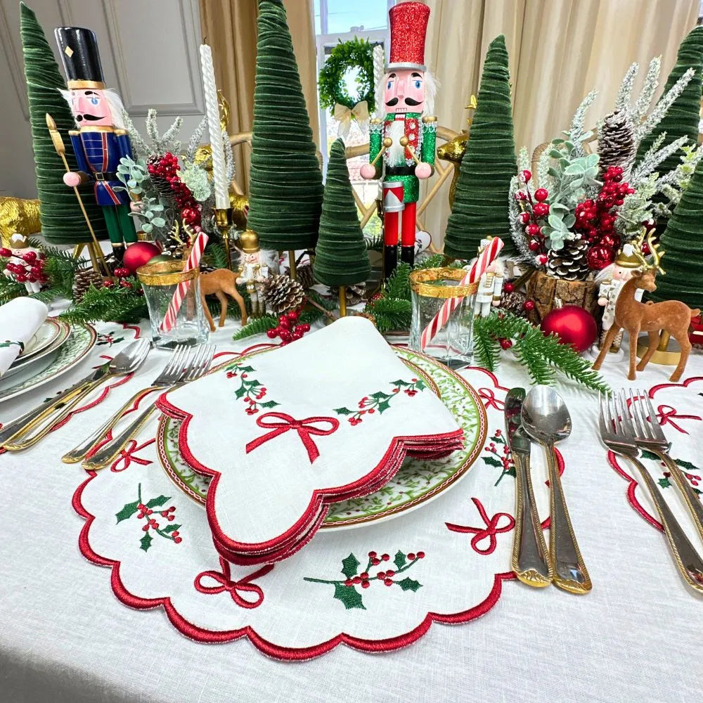 Holly & Bows Green and Red Embroidered Linen Placemat (Set of 4)