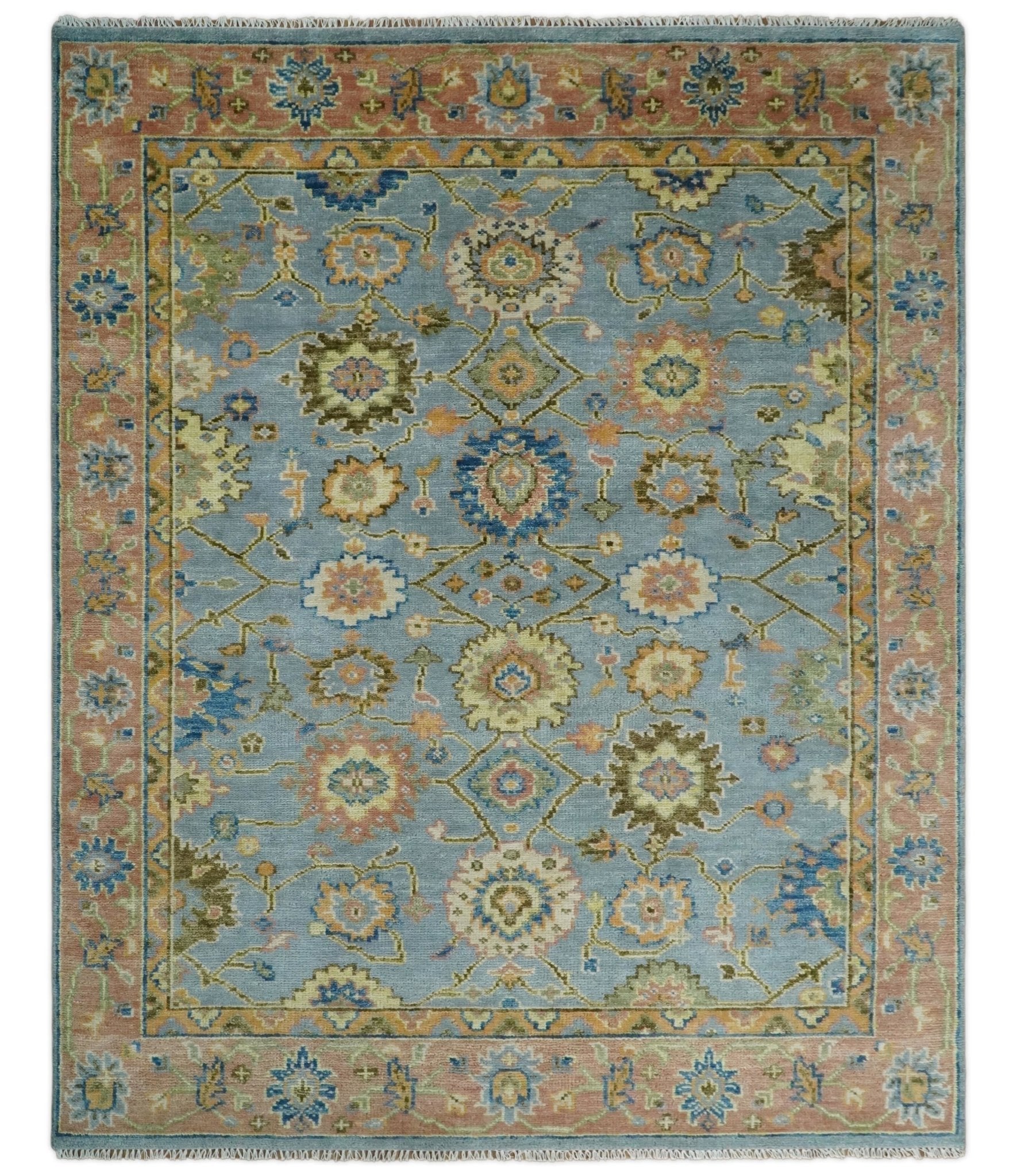 Hand Knotted Blue and Rust Traditional Oushak Area Rug