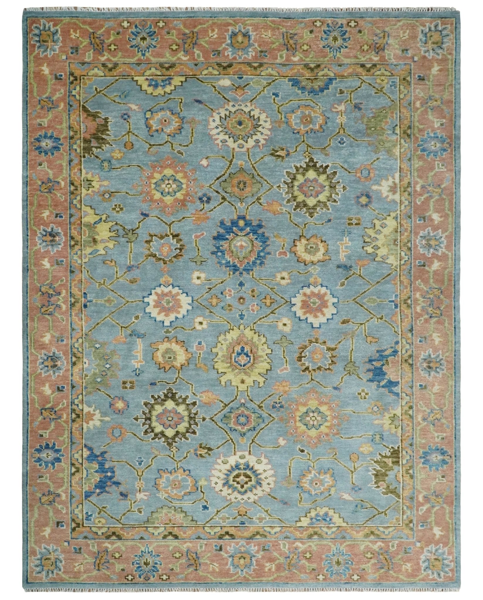 Hand Knotted Blue and Rust Traditional Oushak Area Rug