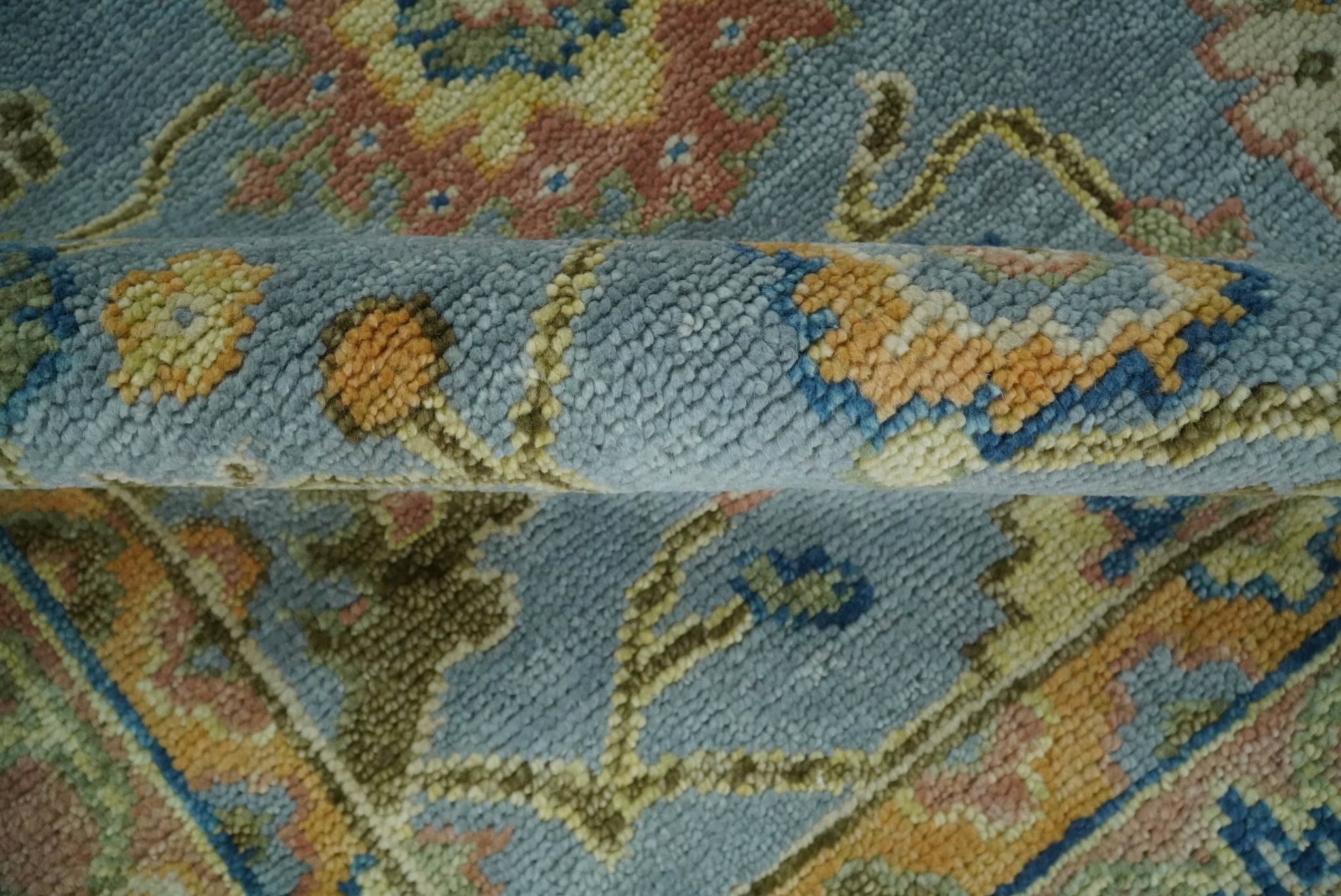 Hand Knotted Blue and Rust Traditional Oushak Area Rug