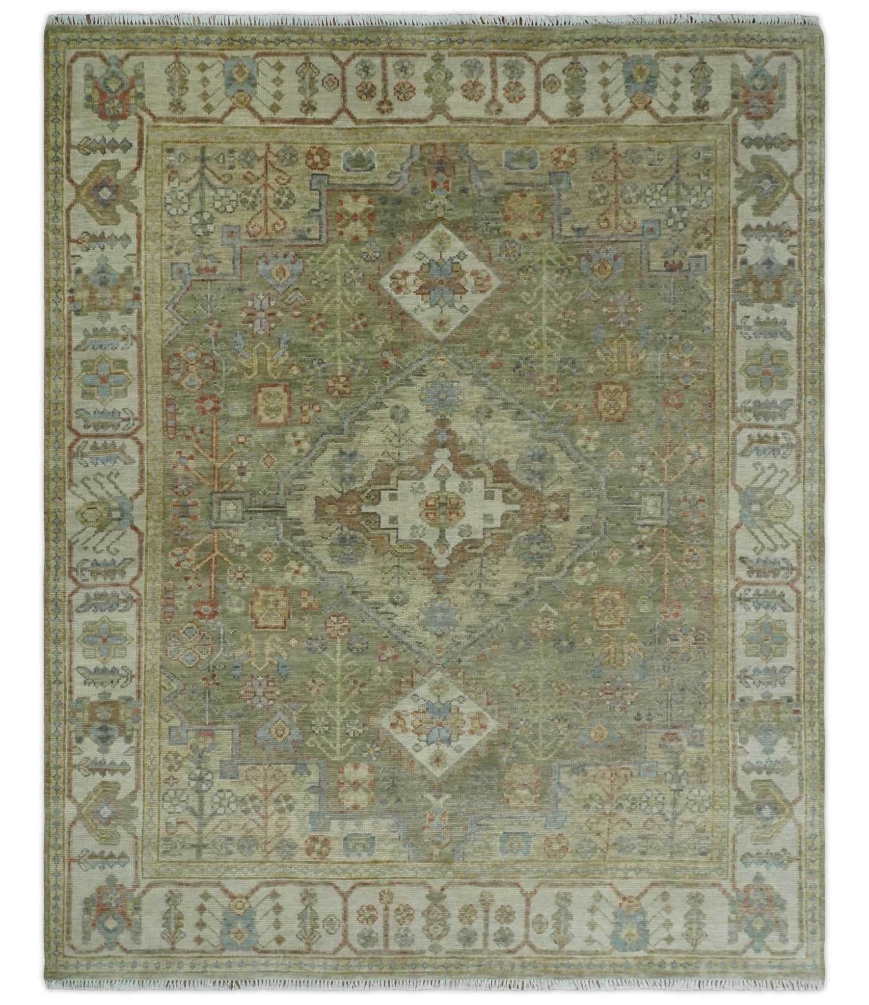 Antique Look Hand Knotted Medallion Olive and Ivory Vintage Style Wool Rug