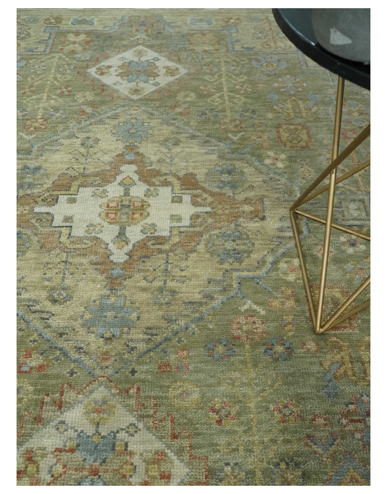 Antique Look Hand Knotted Medallion Olive and Ivory Vintage Style Wool Rug