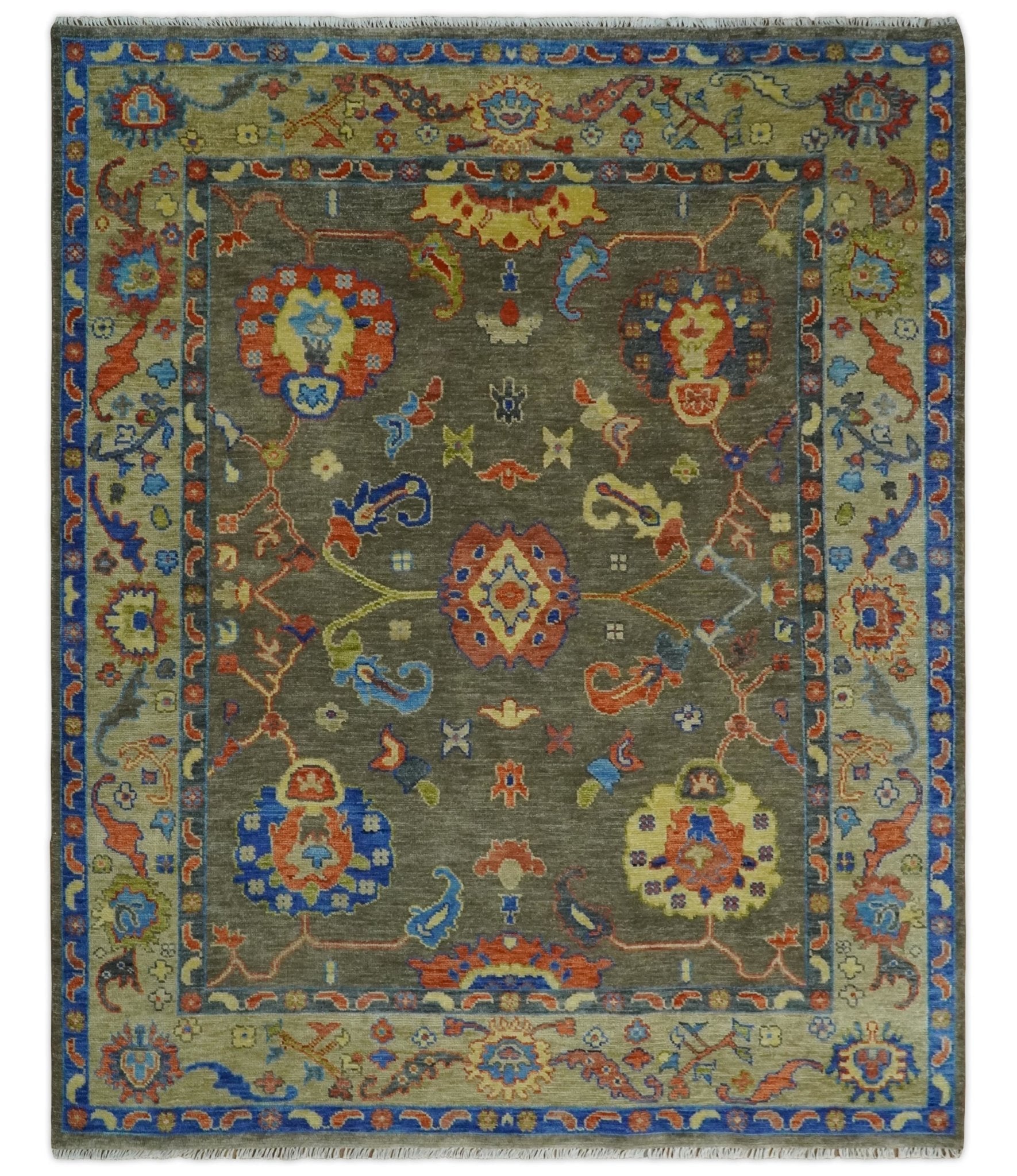 6x9, 8x10, 9x12, 10x14 and 12x15 Wool Traditional Persian Olive and Blue Vibrant Colorful Hand knotted Oushak Area Rug | TRDCP1079 - The Rug Decor