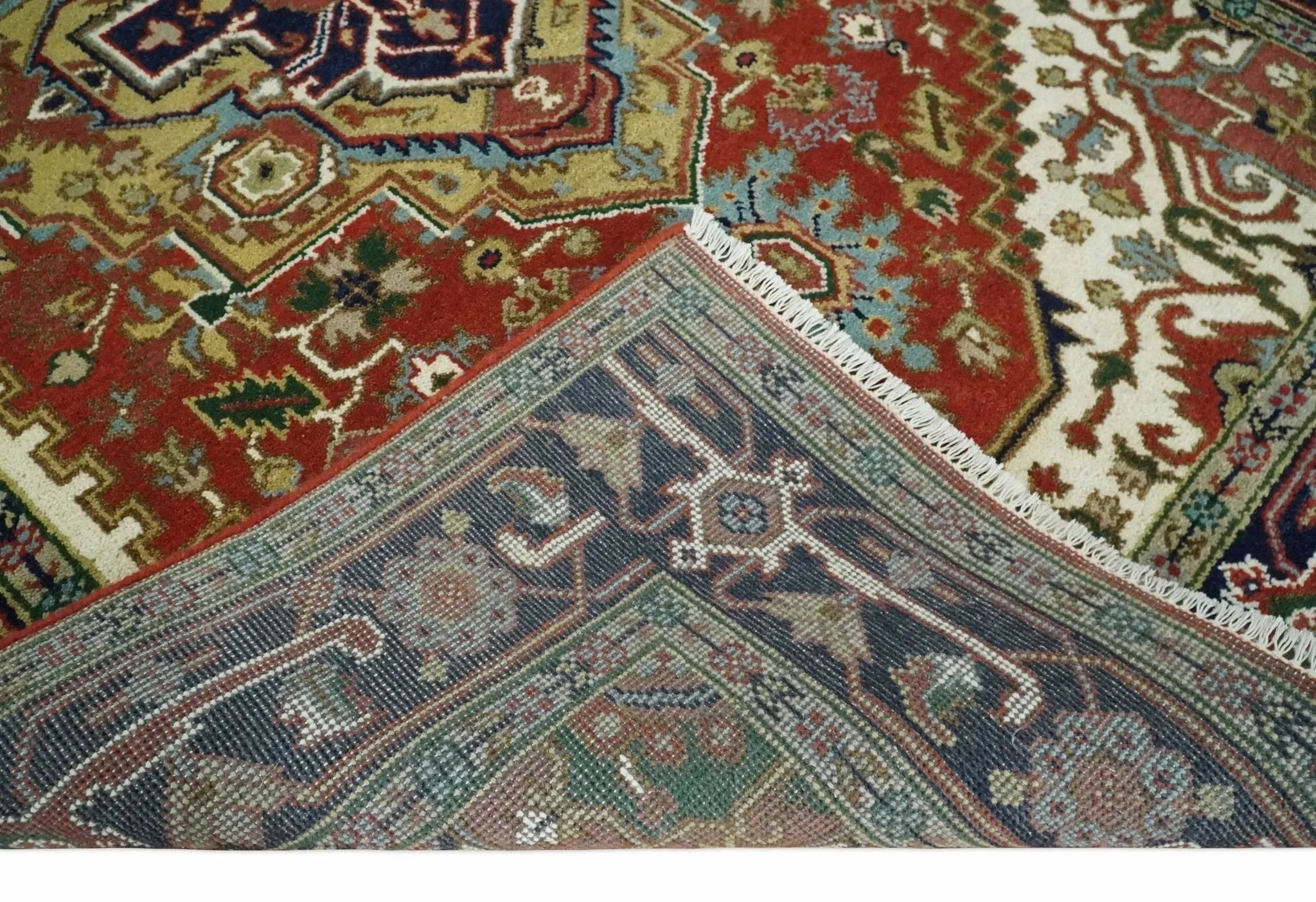 6x9 and runner Traditional Blue, Rust and Ivory Hand knotted wool Area Rug - The Mayfair Hall