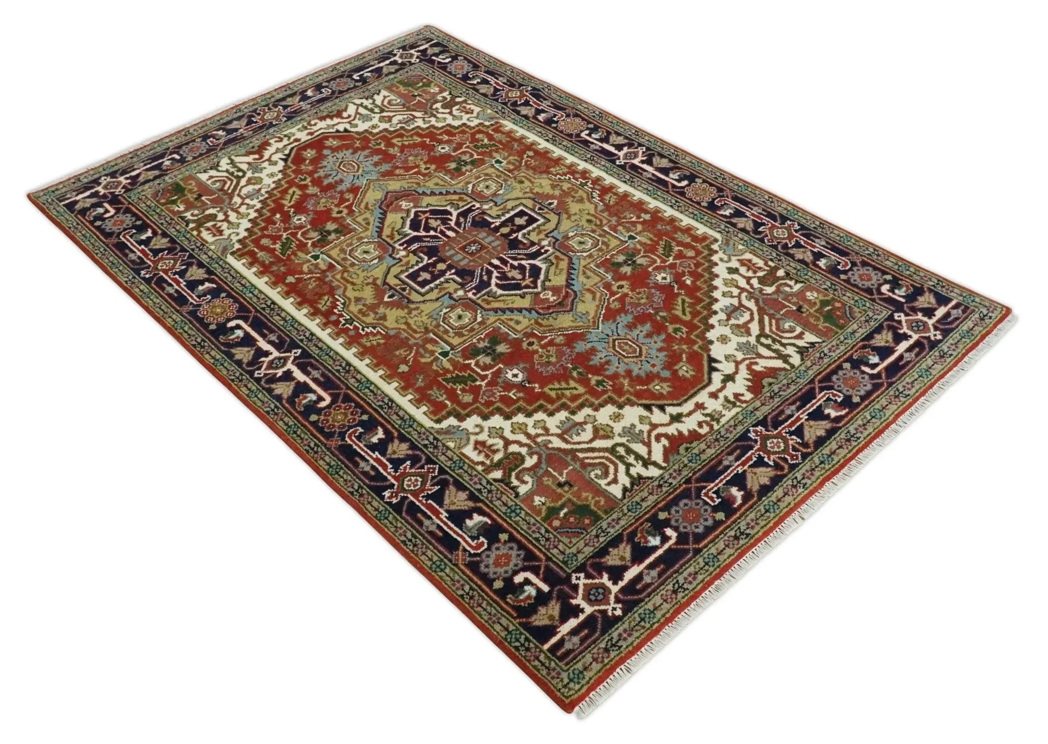 6x9 and runner Traditional Blue, Rust and Ivory Hand knotted wool Area Rug - The Mayfair Hall