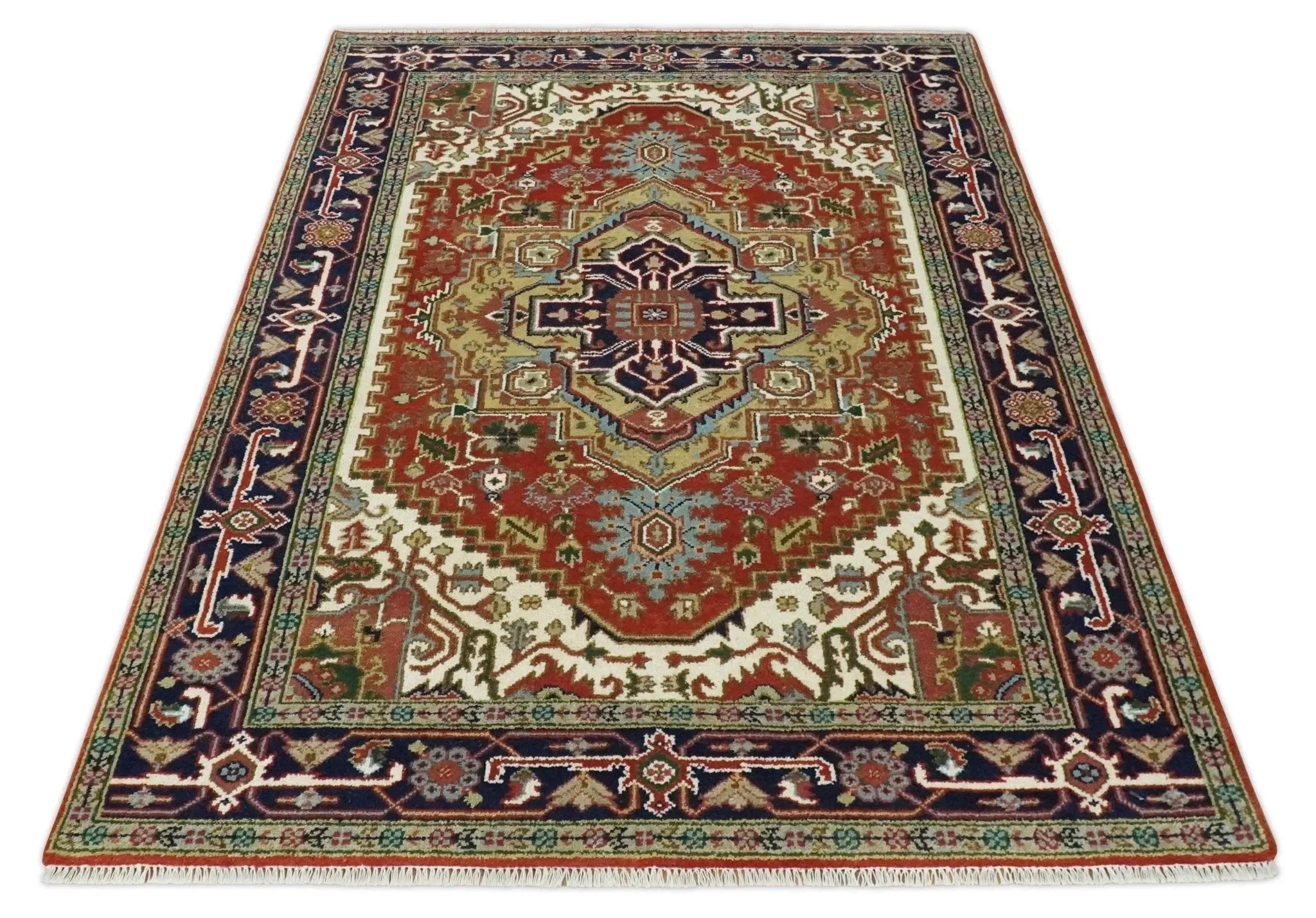 6x9 and runner Traditional Blue, Rust and Ivory Hand knotted wool Area Rug - The Mayfair Hall