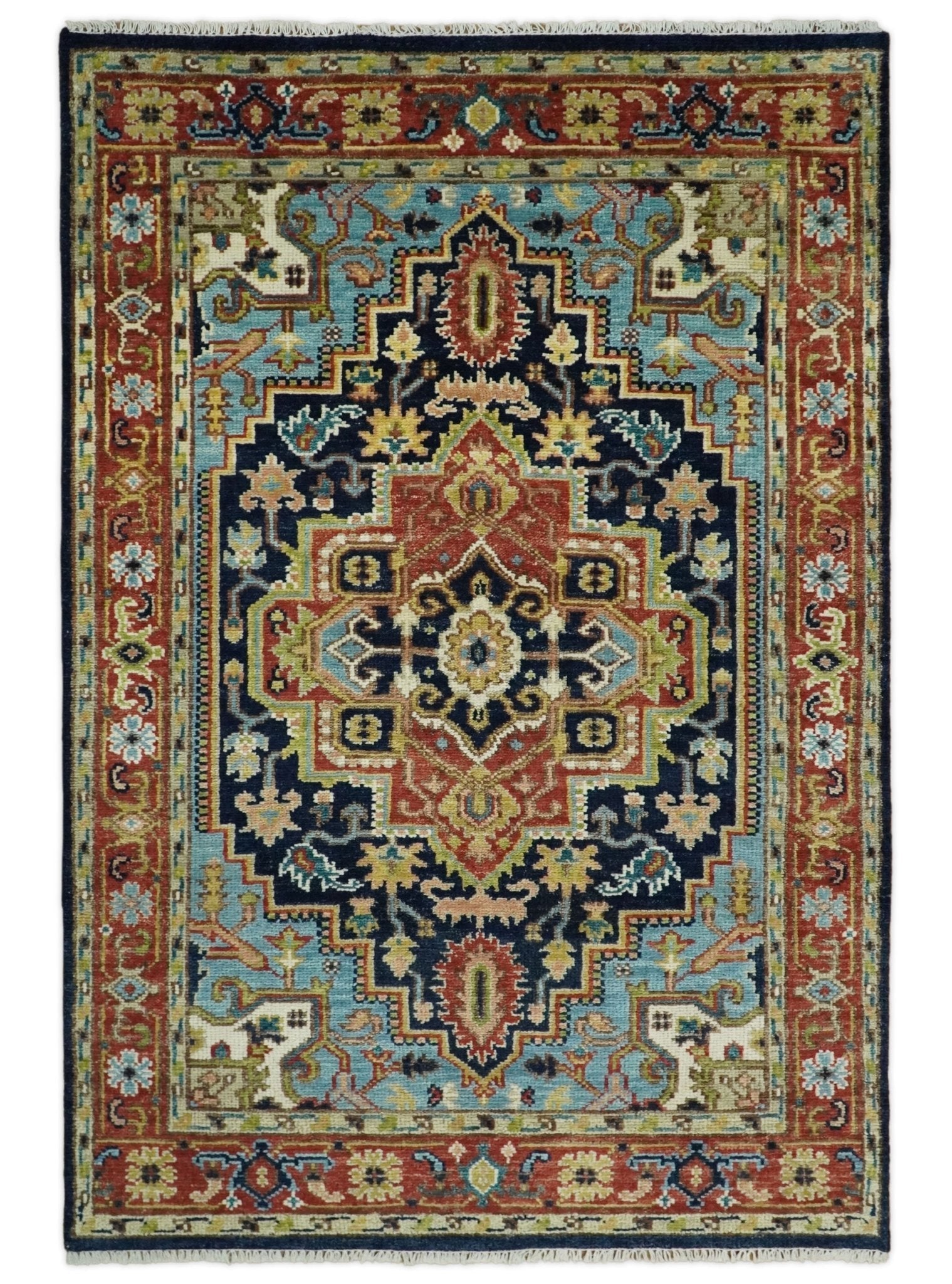 6x9 Blue and Rust Hand Knotted Wool Antique Vintage Persian Area Rug | TRDCP19269 - The Rug Decor