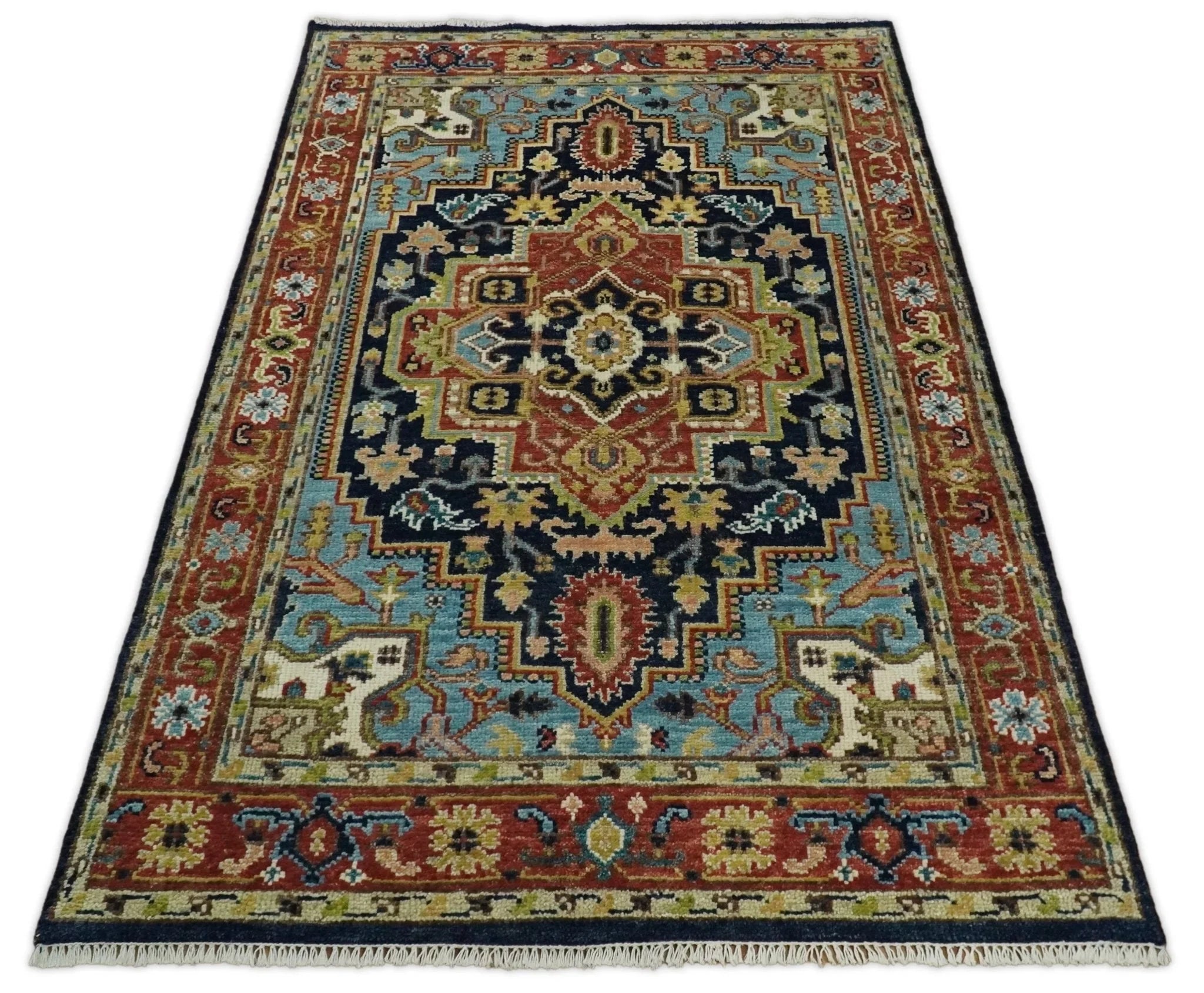 6x9 Blue and Rust Hand Knotted Wool Antique Vintage Persian Area Rug | TRDCP19269 - The Rug Decor